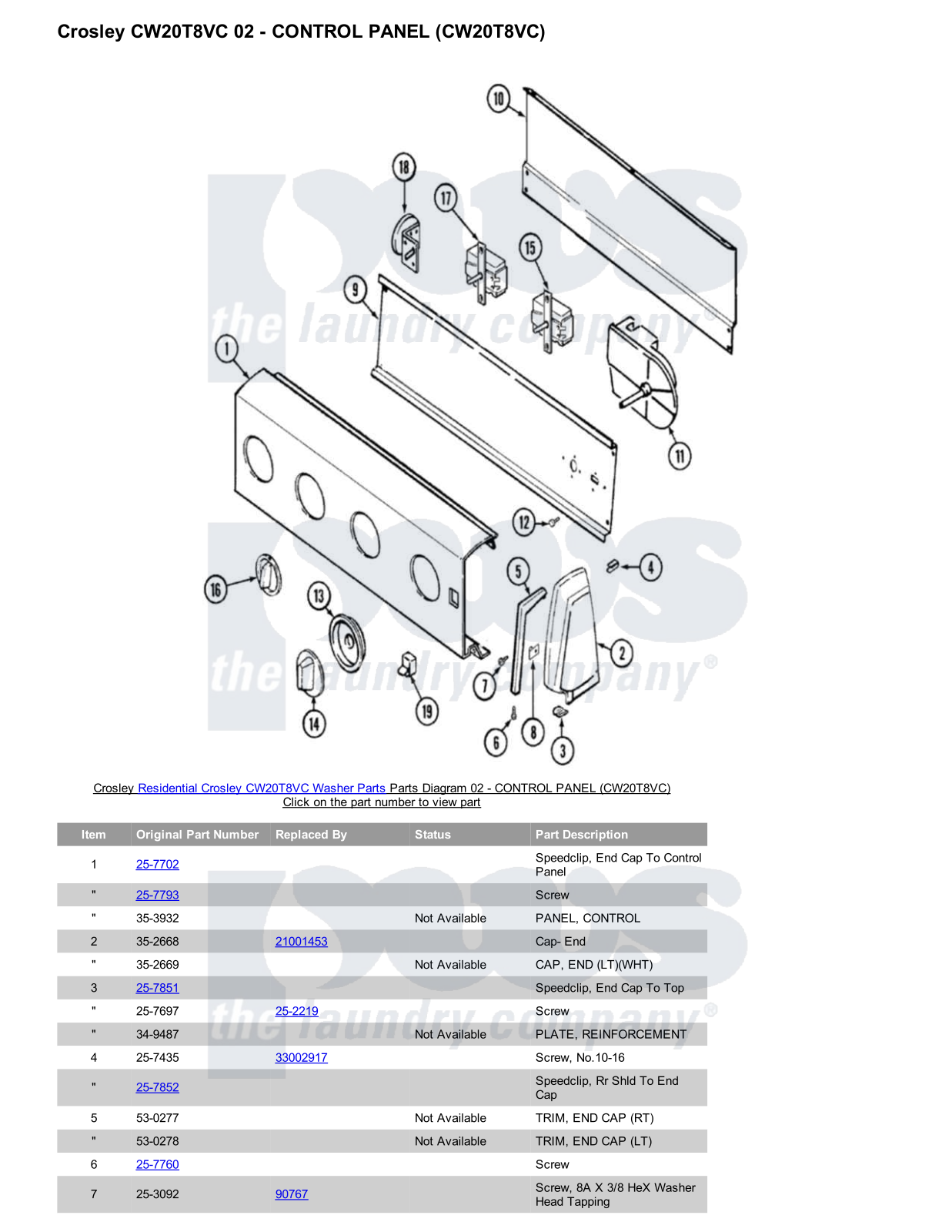 Crosley CW20T8VC Parts Diagram