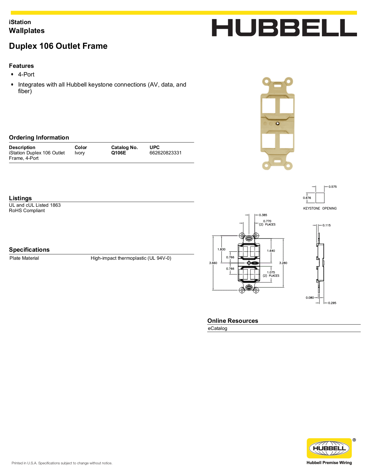 Hubbell Q106E Specifications