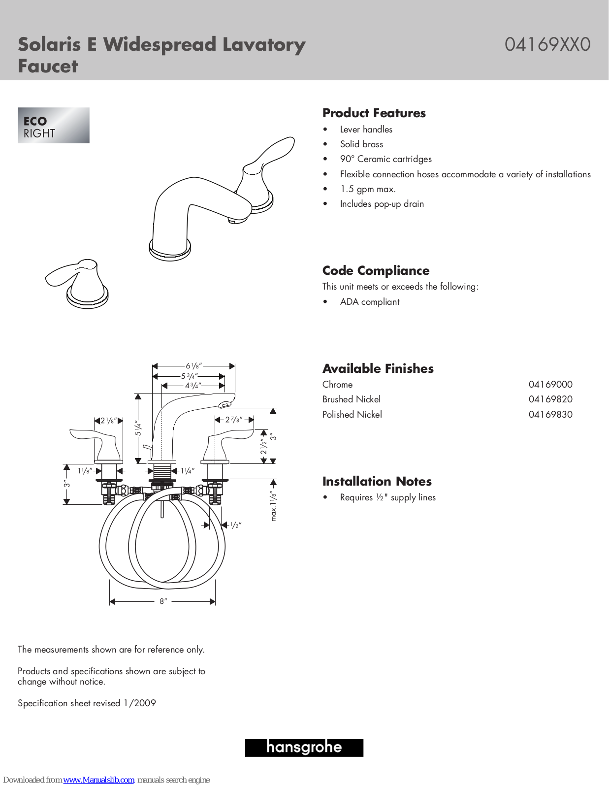 Hansgrohe 04169000, 04169820, 04169830 Features & Dimensions