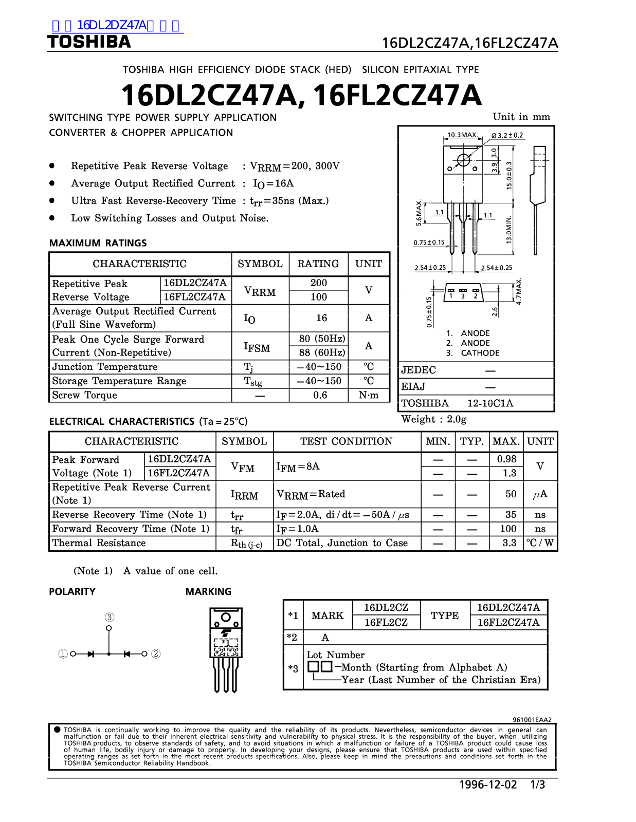 TOSHIBA 16DL2CZ47A, 16FL2CZ47A Technical data