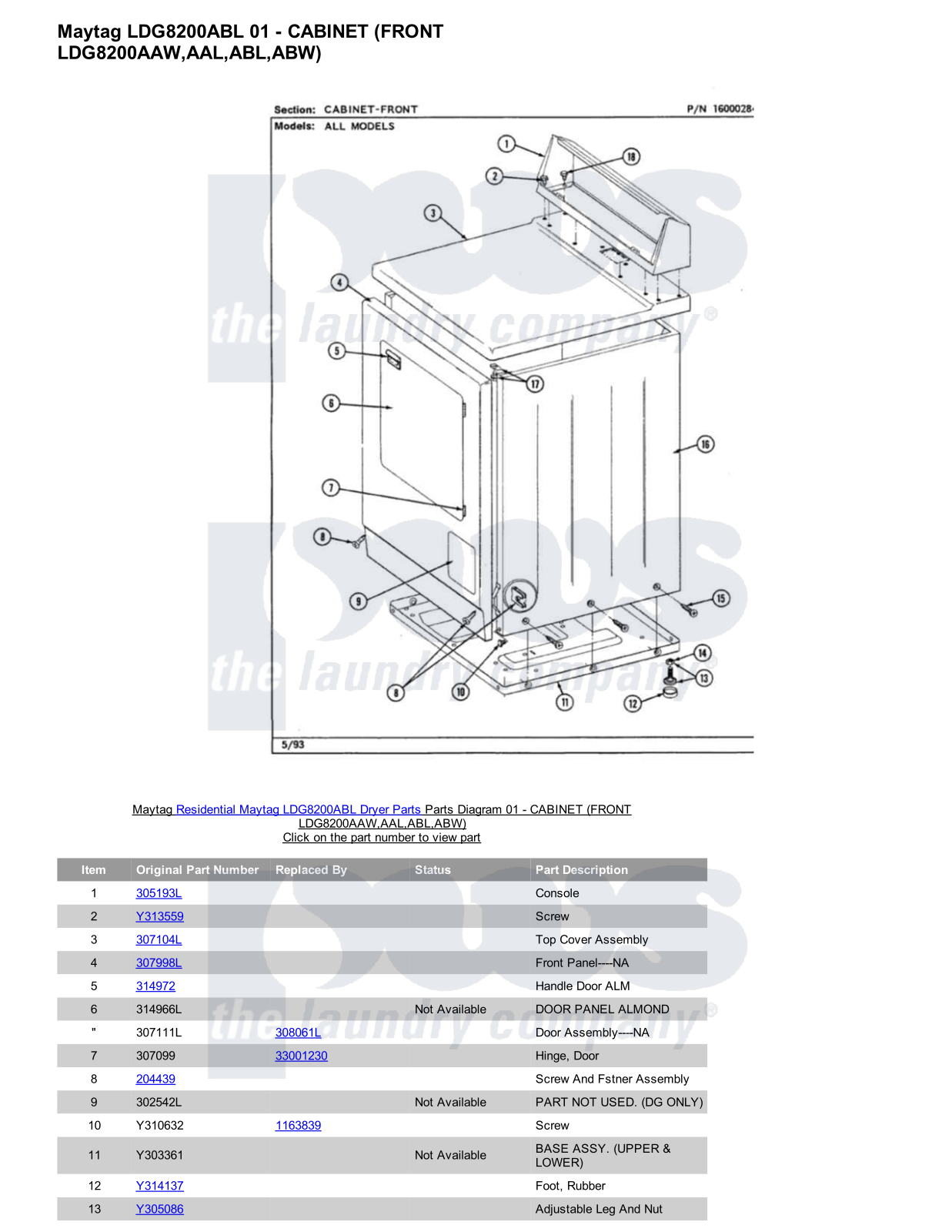 Maytag LDG8200ABL Parts Diagram