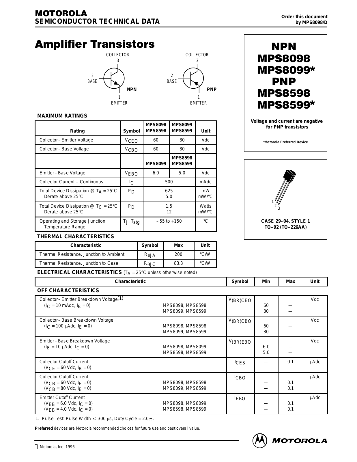 Motorola MPS8099RLRM, MPS8098RLRA, MPS8099, MPS8099RLRA, MPS8599 Datasheet