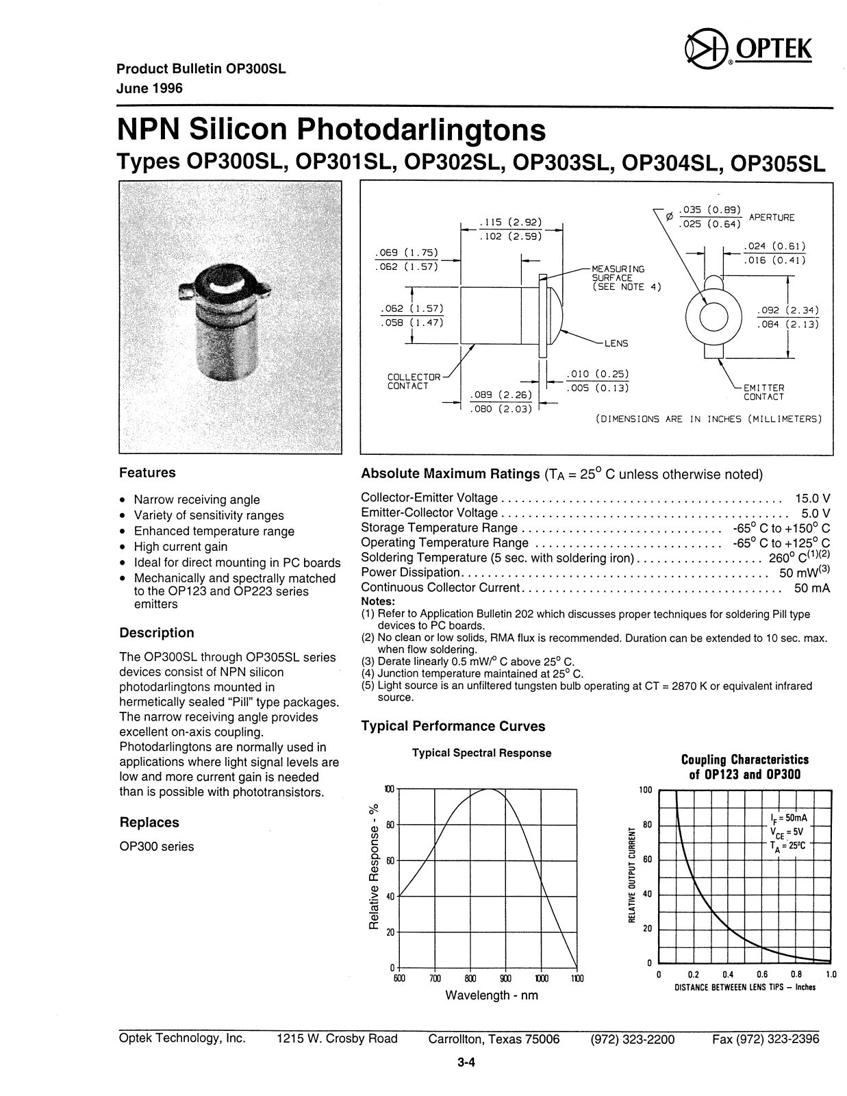 OPTEK OP302SL, OP304SL, OP305SL, OP301SL, OP300SL Datasheet