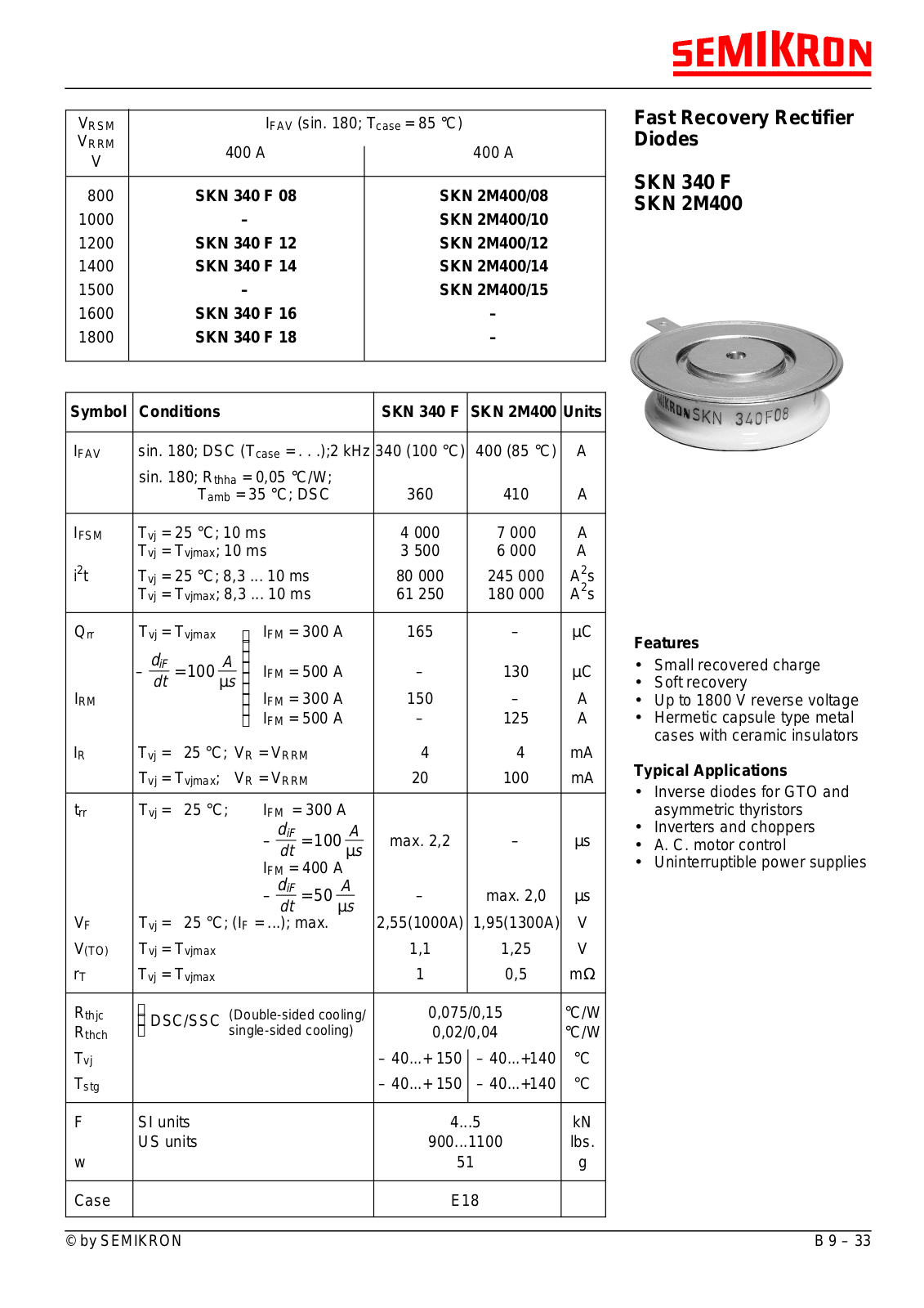 Semikron SKN2M400, SKN 340 F Data Sheet