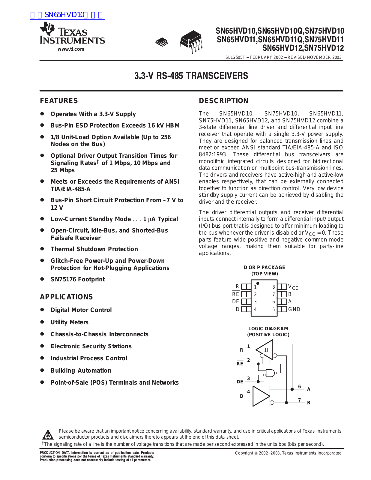 TEXAS INSTRUMENTS SN65HVD10 Technical data