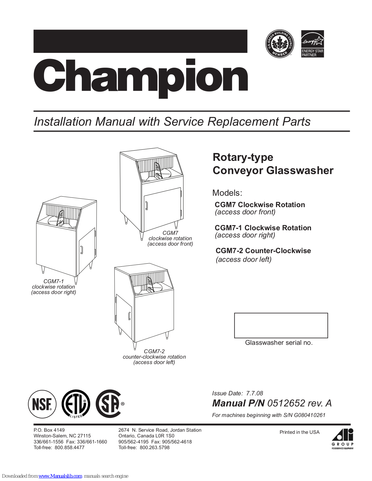 Champion CGM7, CGM7-1, CGM7-2 Installation Manual