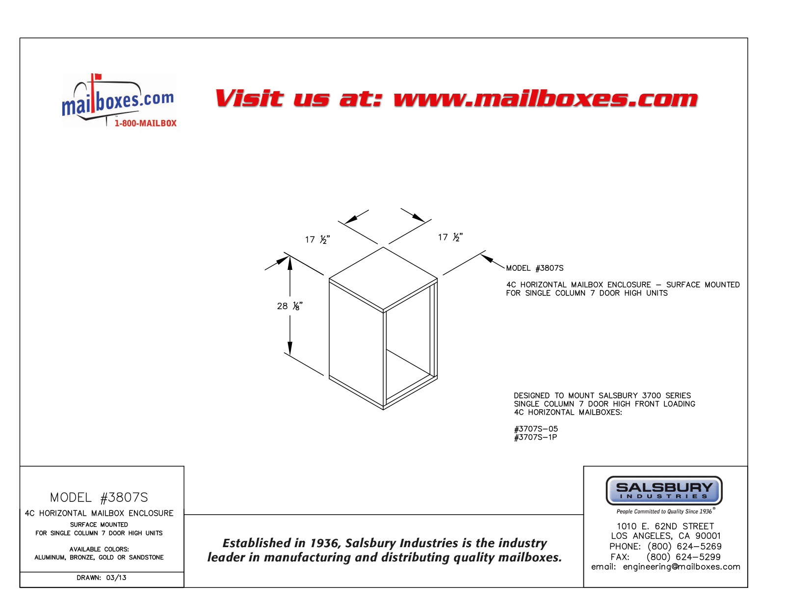 Salsbury Industries 3807SALM, 3807SGLD, 3807SBRZ, 3807SSAN User Manual