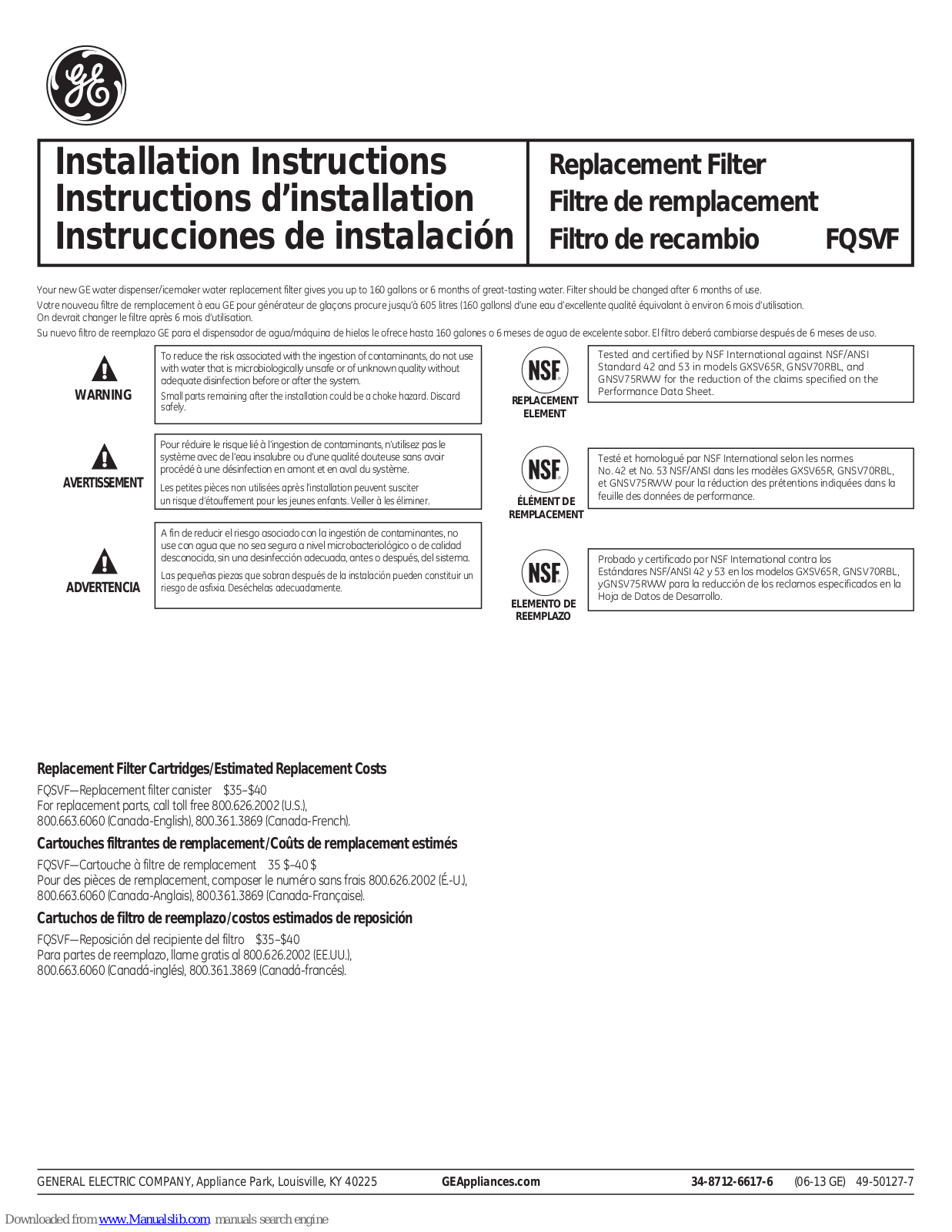 GE Replacement Filter, FQSVF Installation Instructions Manual