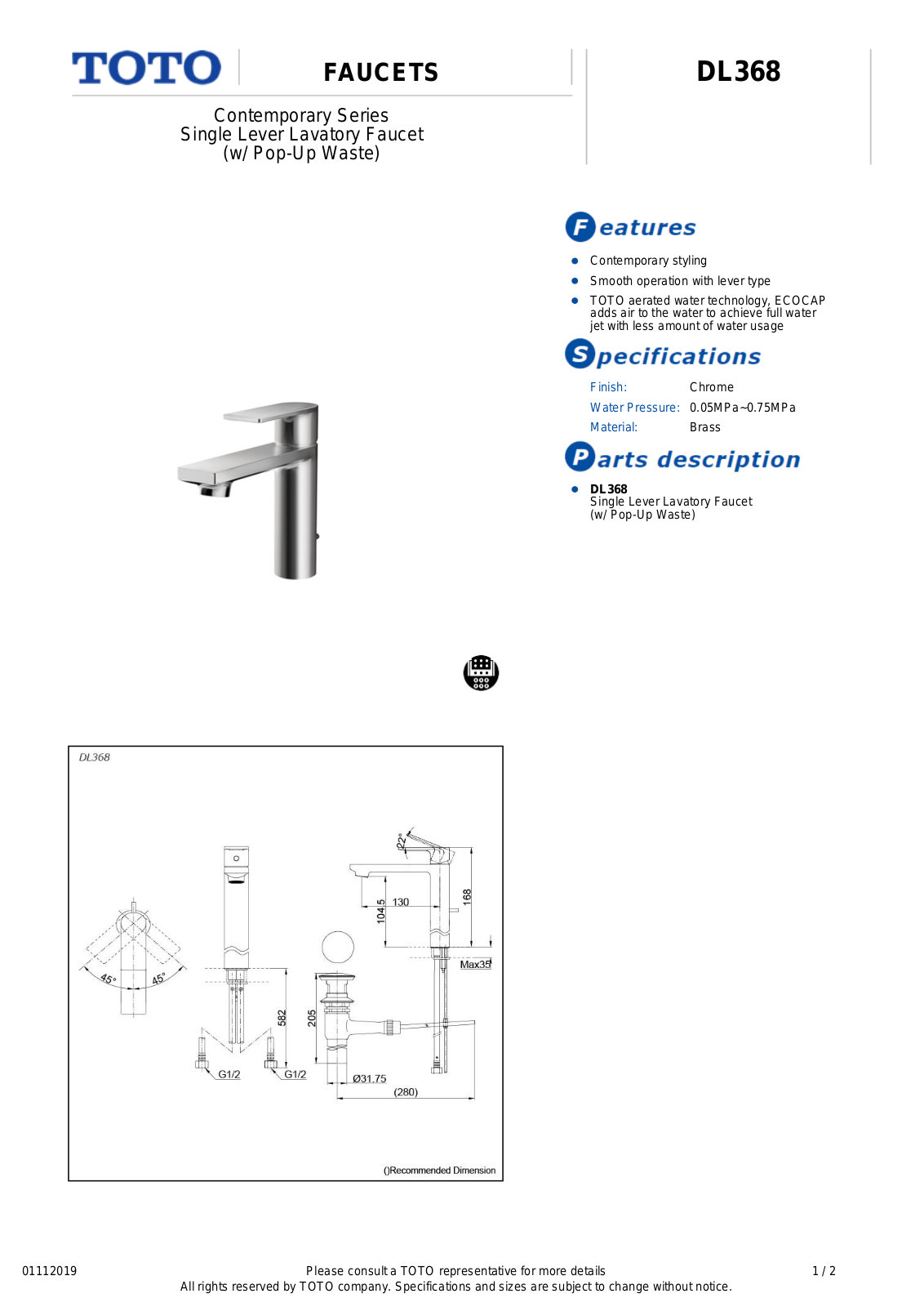 TOTO DL368 Product information