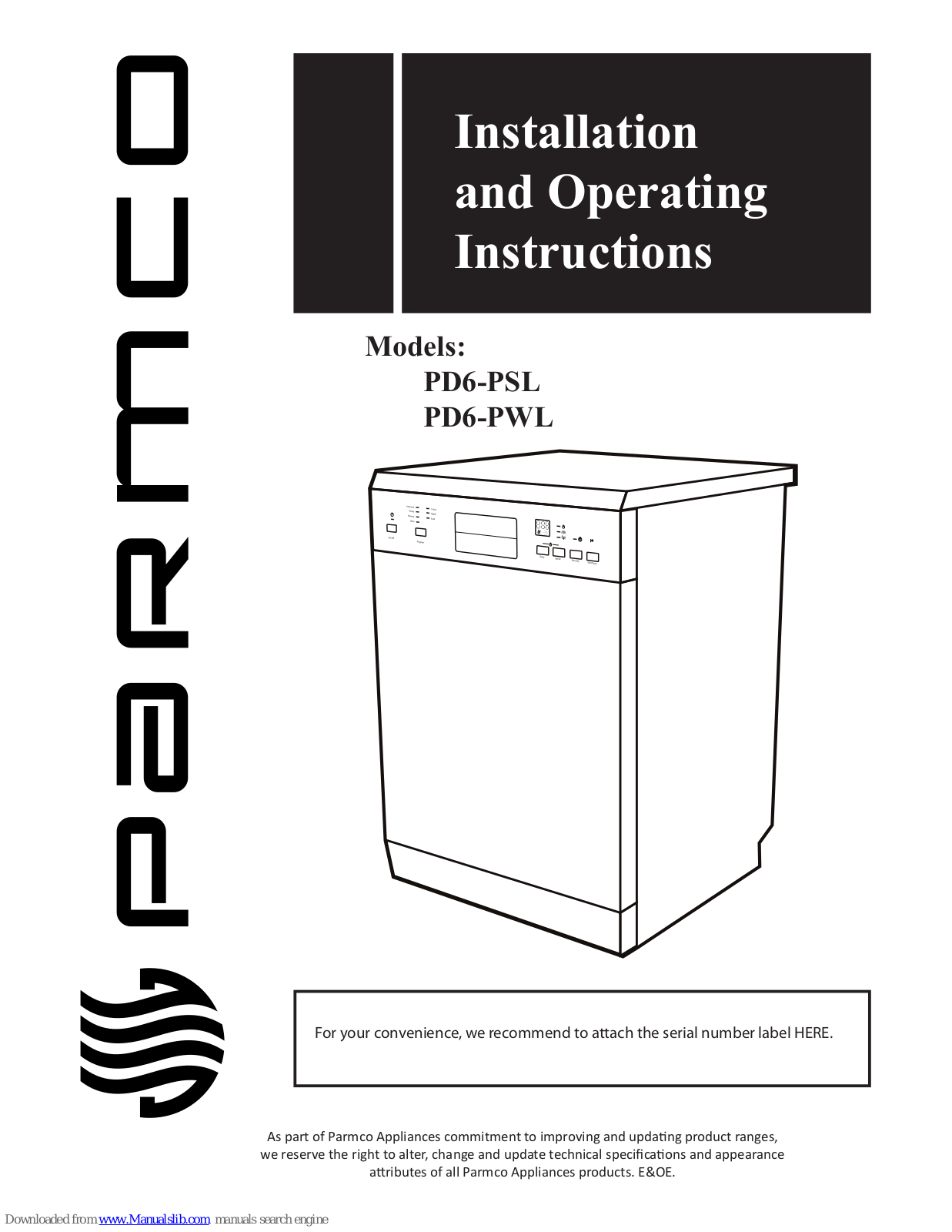 Parmco PD6-PSL, PD6-PWL Installation And Operating Instructions Manual