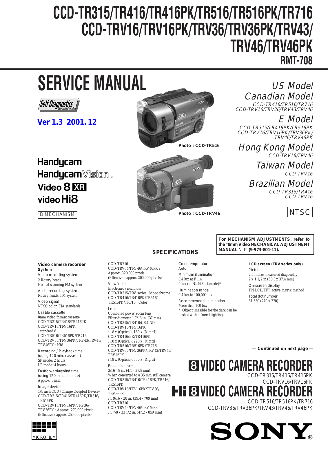 Sony CCD-TR315, CCD-TR416, CCD-TR416PK, CCD-TR516, CCD-TR516PK Service manual