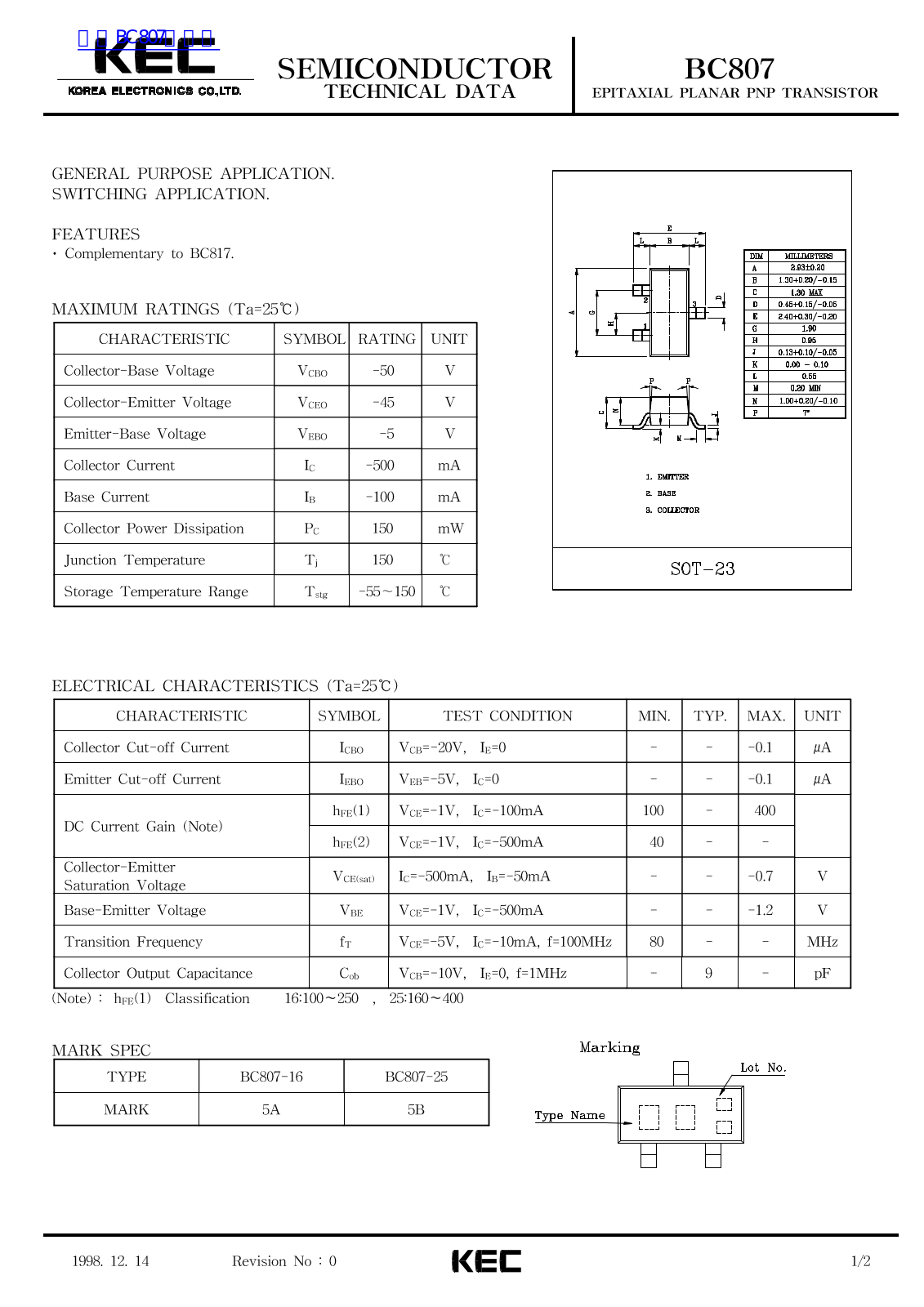 KEC BC807 TECHNICAL DATA