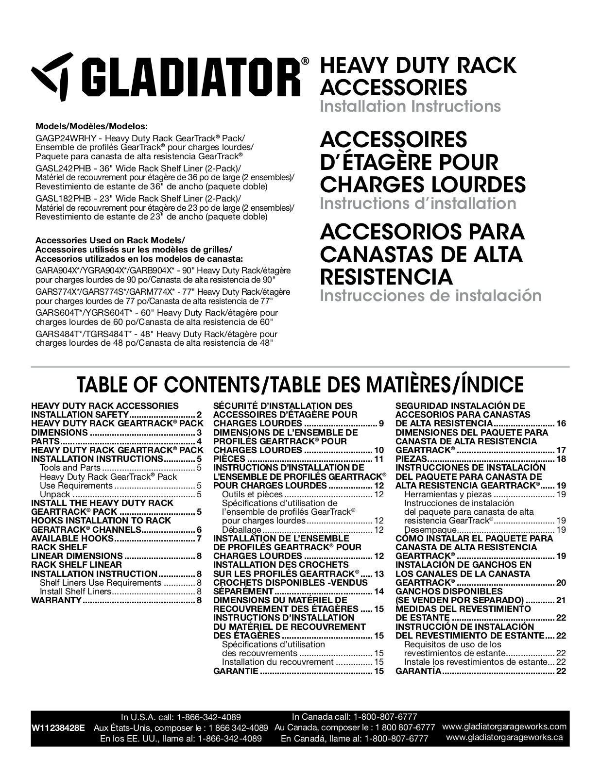 Gladiator GASL182PHB, GASL242PHB, GAGP24WRHY Installation Instructions