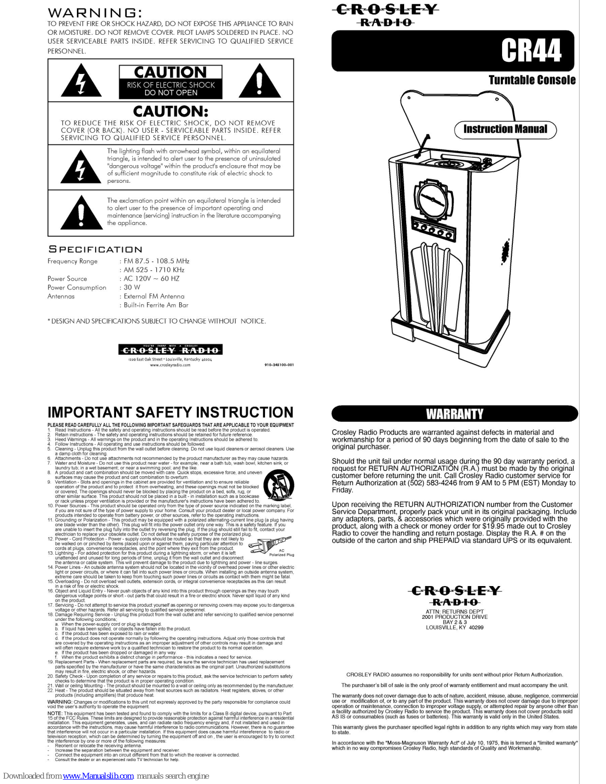 Crosley Turntable Console CR44 Instruction Manual