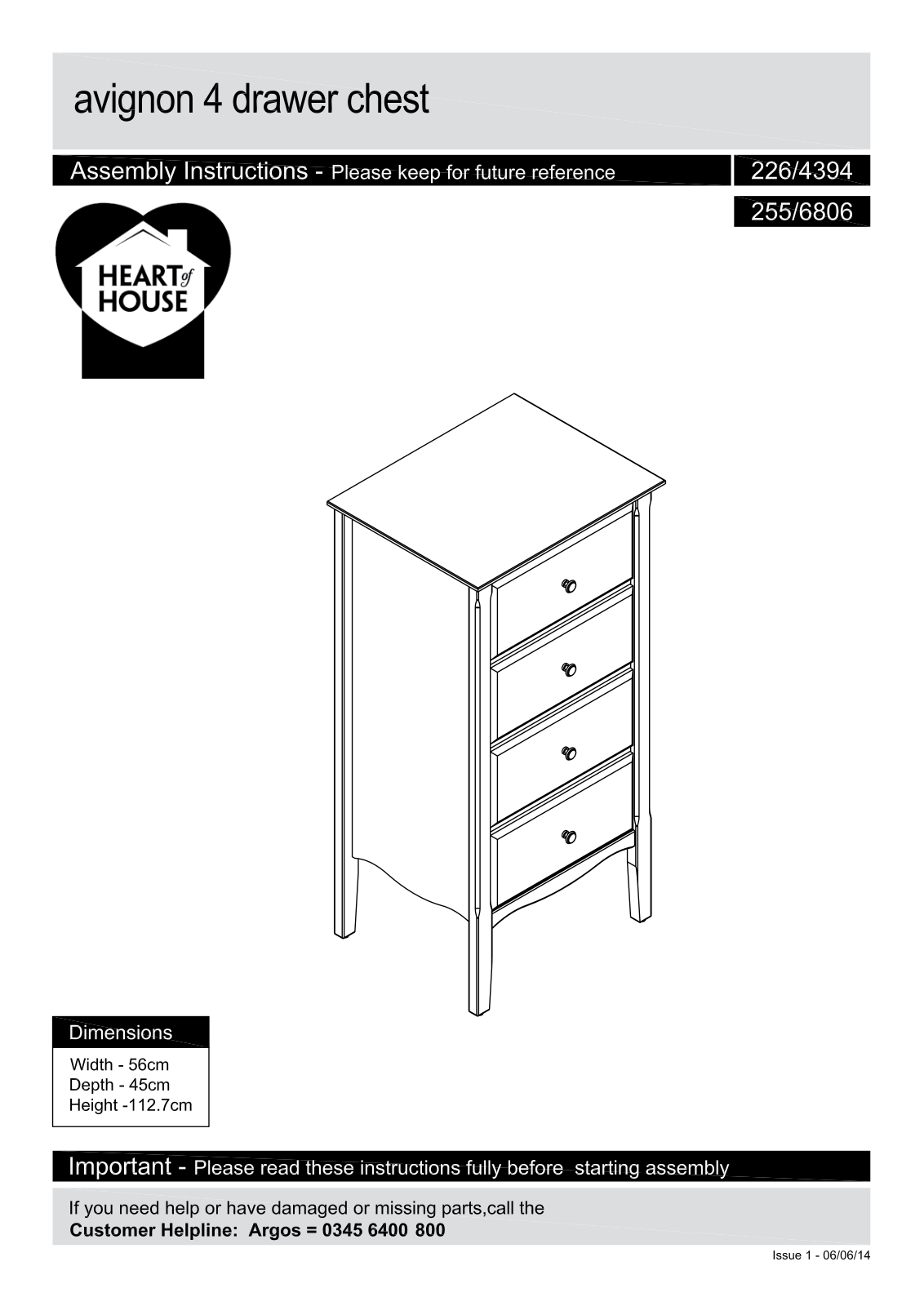 Argos Avignon 4 drawer chest ASSEMBLY INSTRUCTIONS