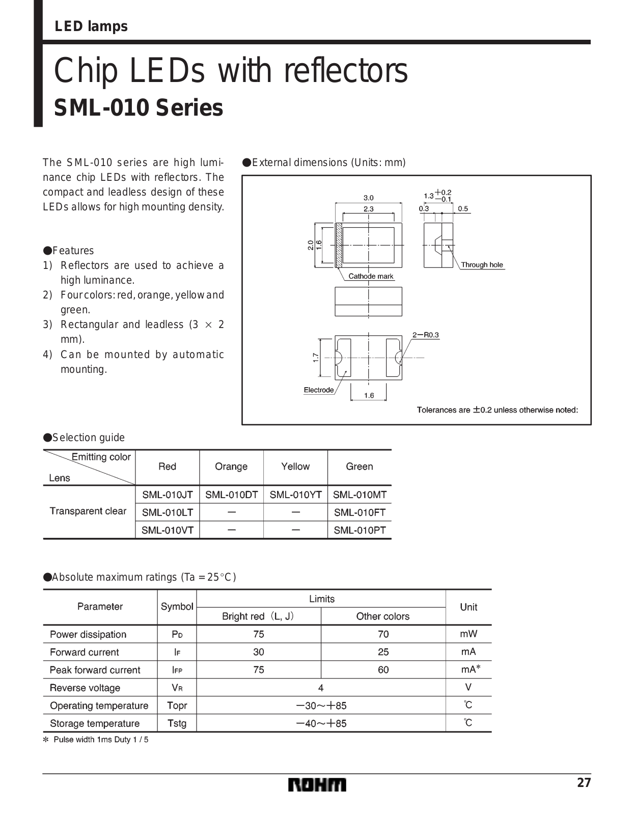 ROHM SML-010LT, SML-010MT, SML-010PT, SML-010VT, SML-010YT Datasheet