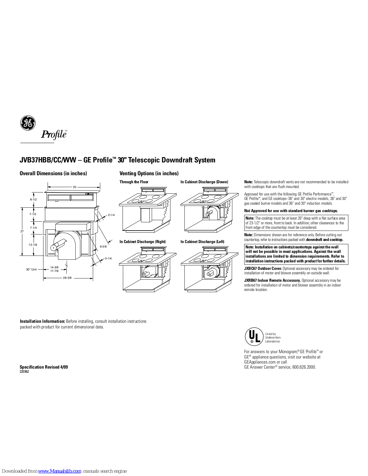 GE Profile JVB37HBB, Profile JVB37HCC, Profile JVB37HWW Specification Sheet