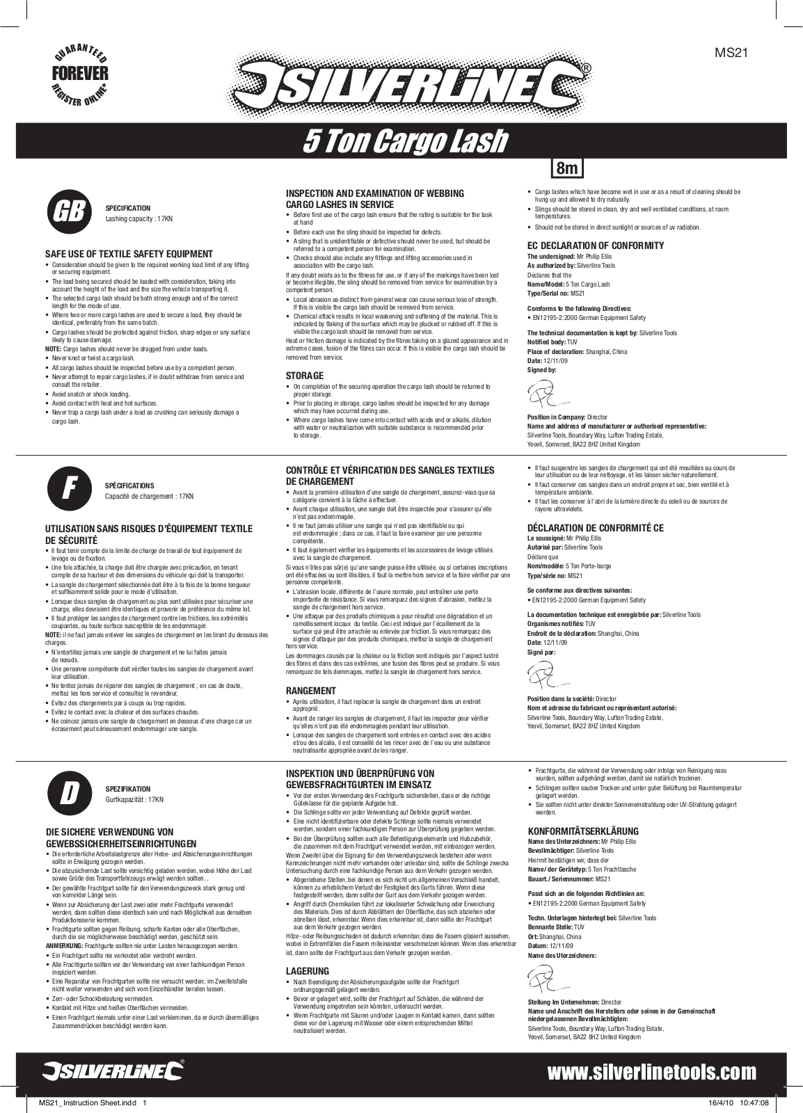 Silverline Cargo Lash 5 Tonne User Manual