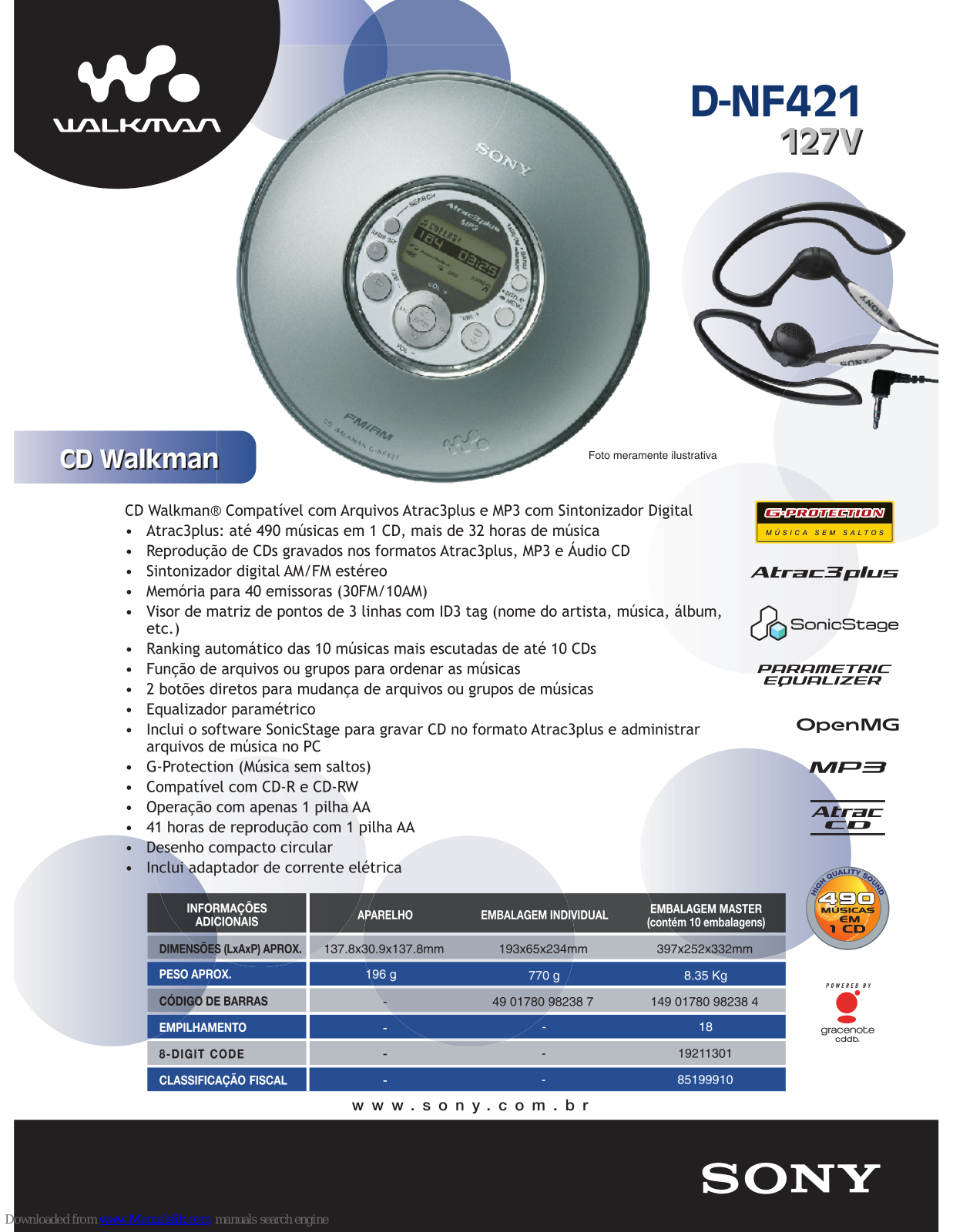 Sony CD Walkman D-NF421 Specifications - ManualMachine.com