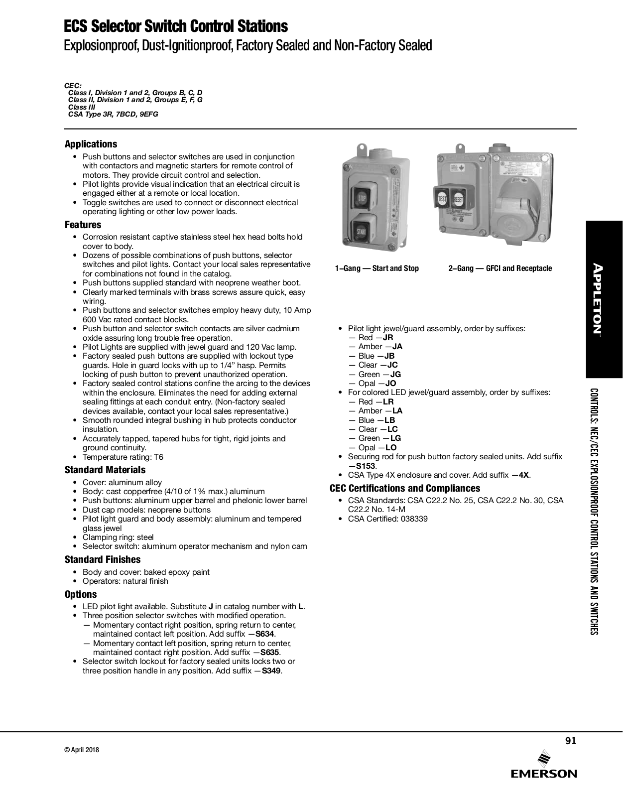 Appleton ECS Selector Switch Control Stations Catalog Page