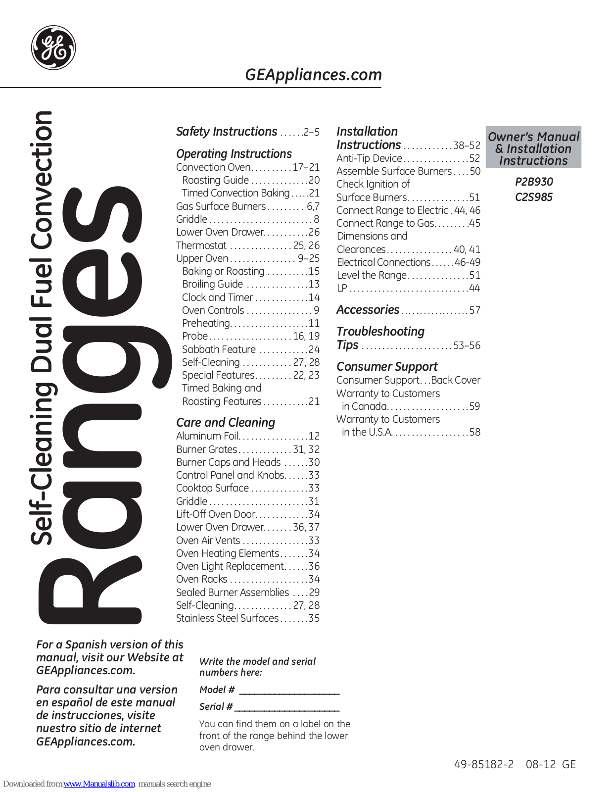 GE P2B930SETSS, P2B930DETWW, P2B930DETBB, P2B930, C2S985 Owner's Manual & Installation Instructions