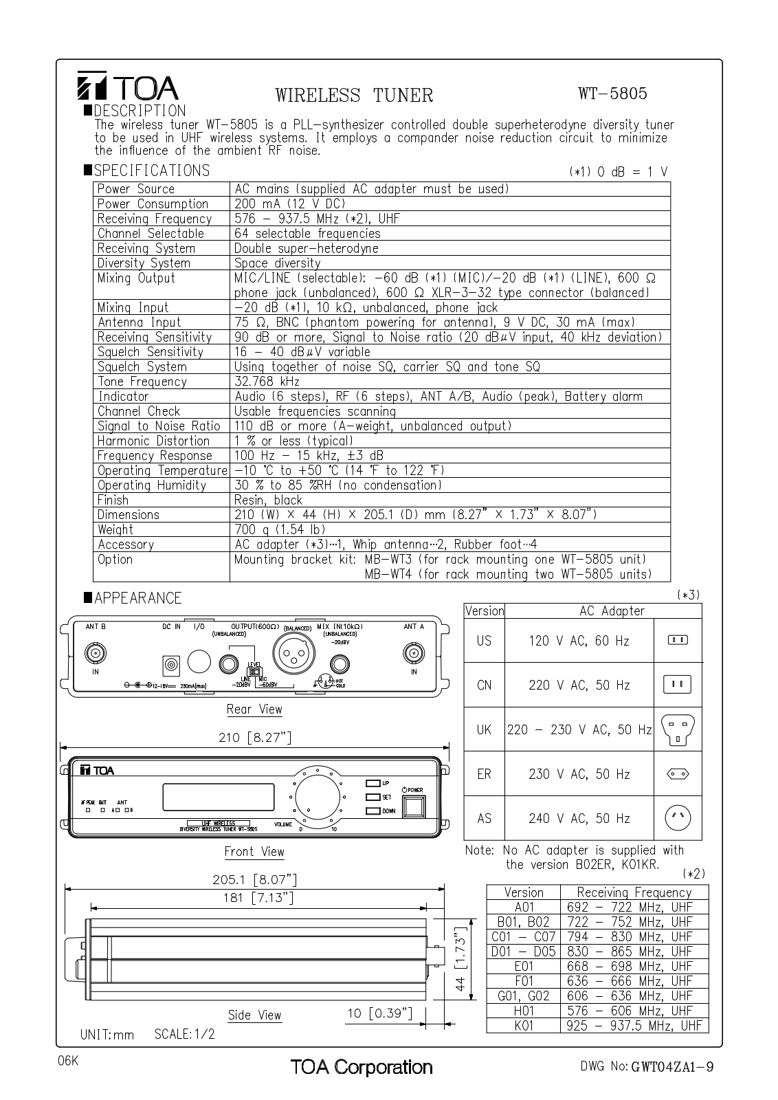 TOA WT-5805-AM-RM1D00 User Manual