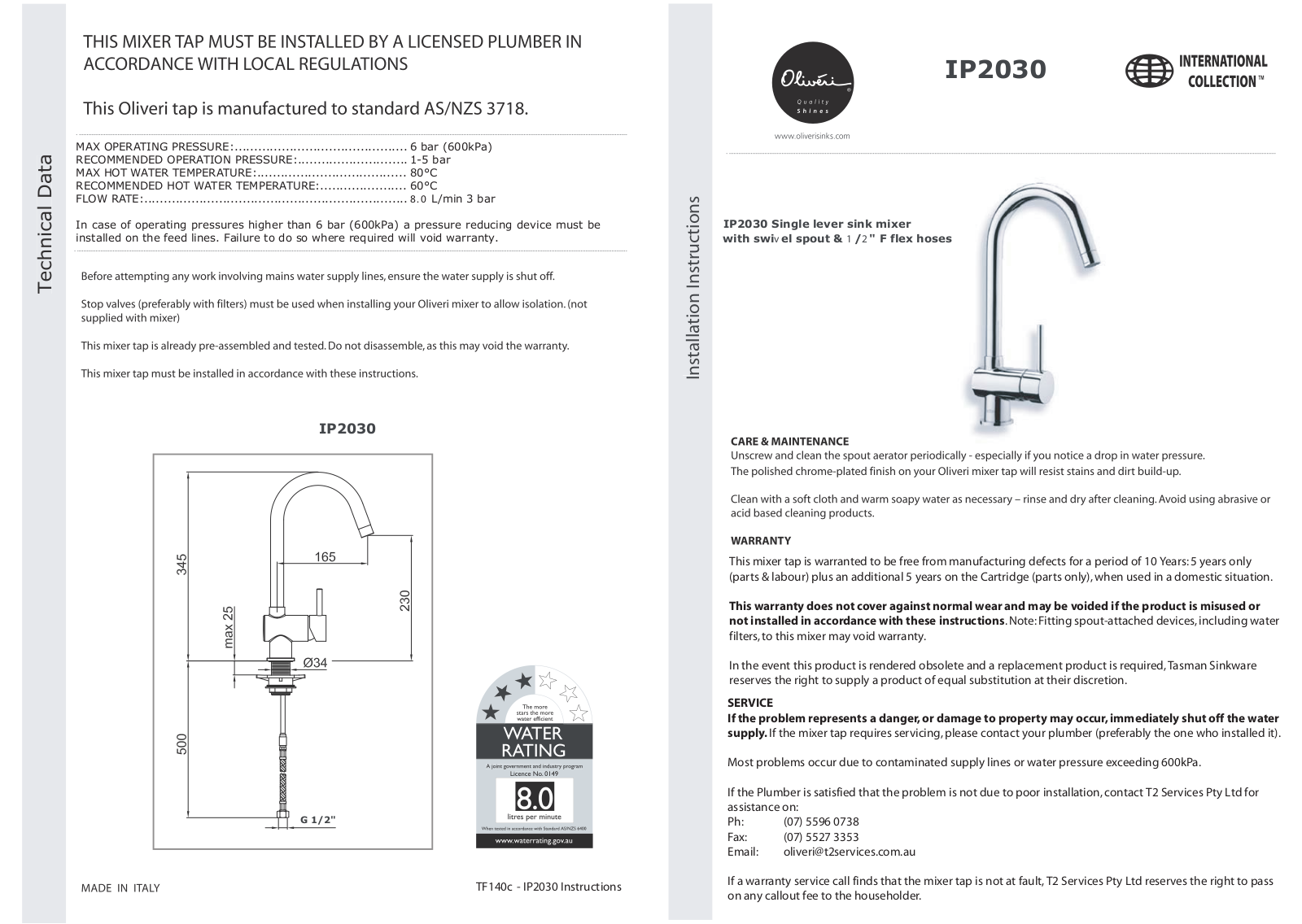 Oliveri IP2030 Installation Guide