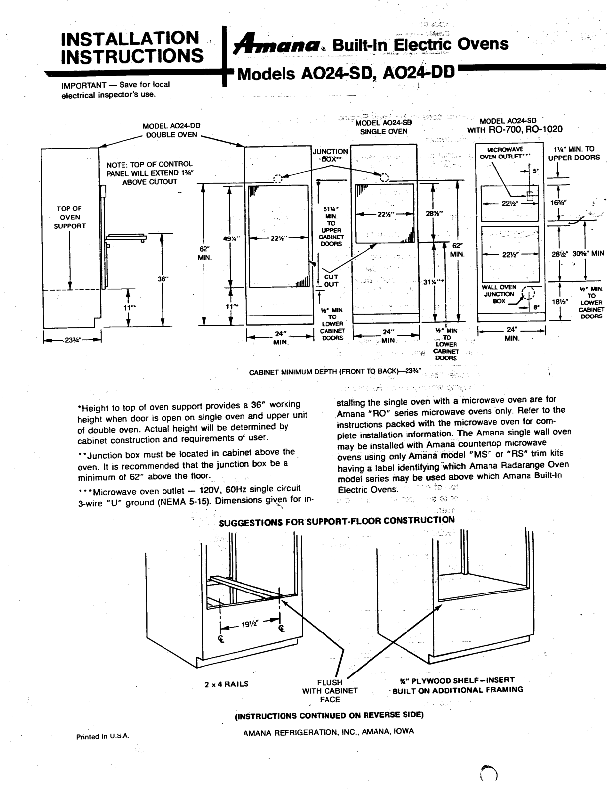 Amana AO24-SD, AO24-DD Installation Instructions