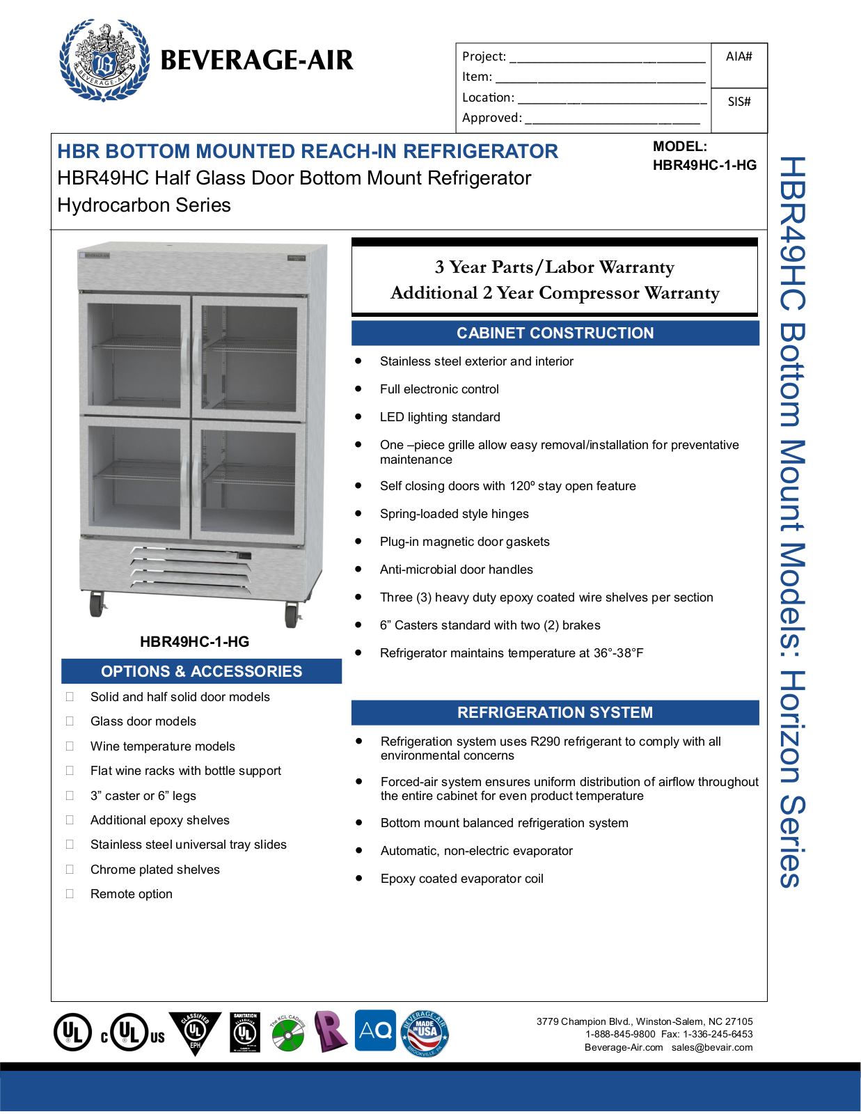 Beverage-Air HBR49HC1HG Specifications