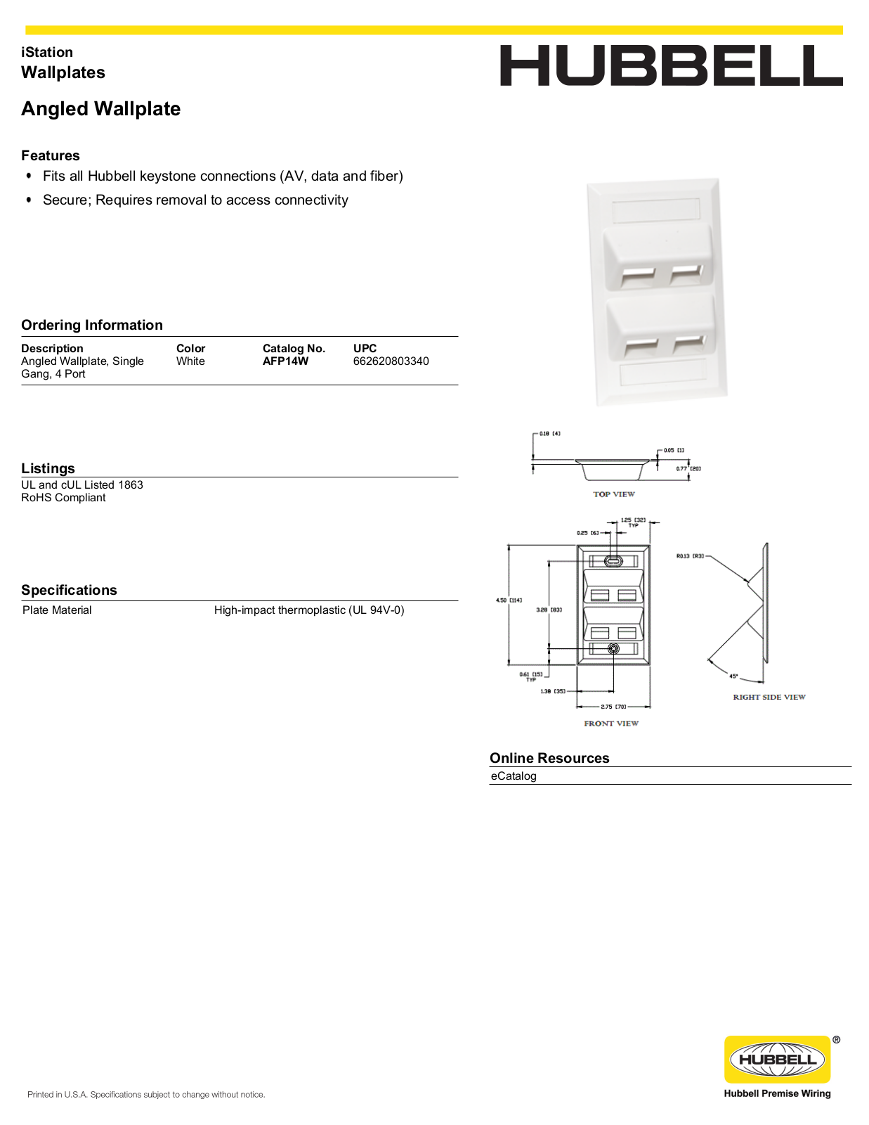 Hubbell AFP14W Specifications