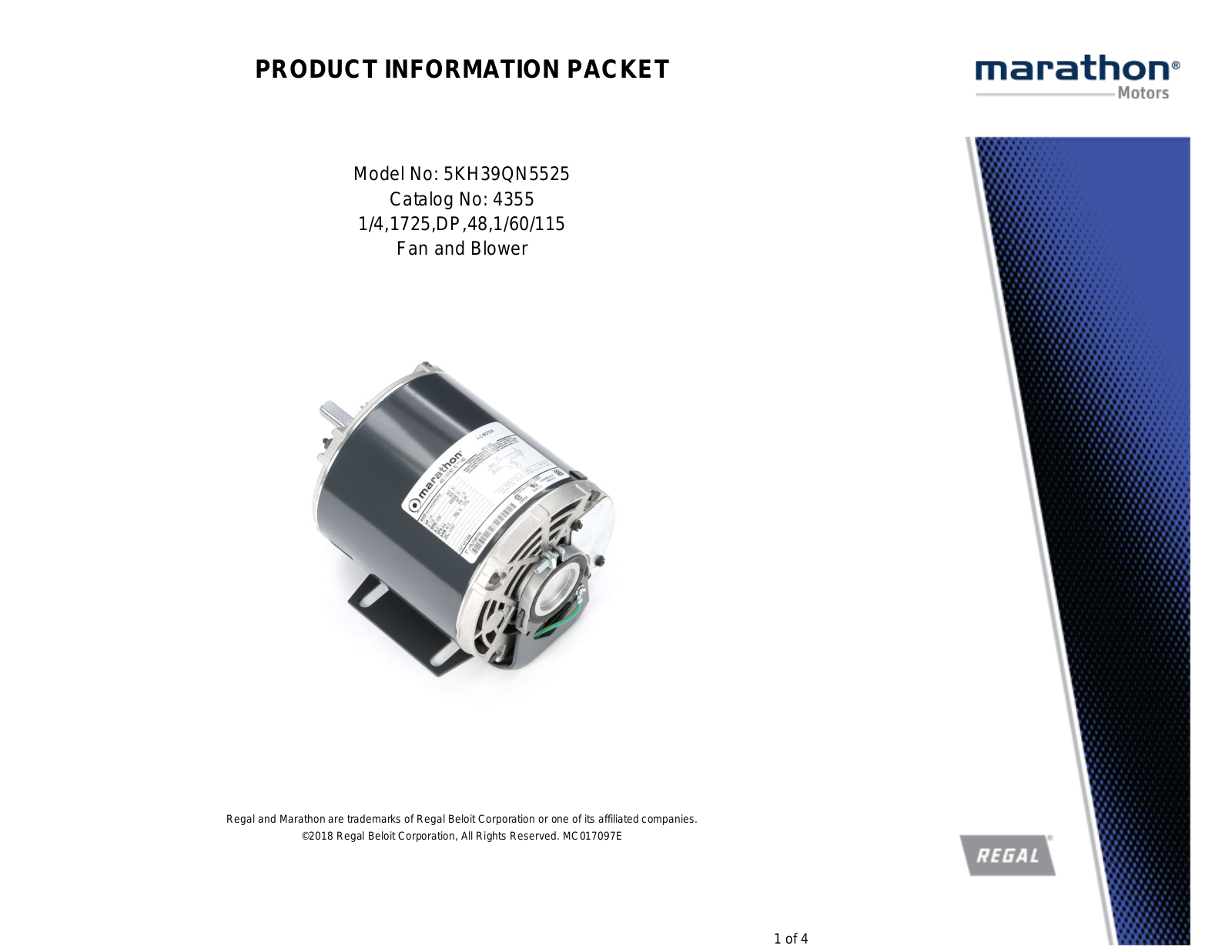 Marathon Electric 5KH39QN5525 Product Information Packet