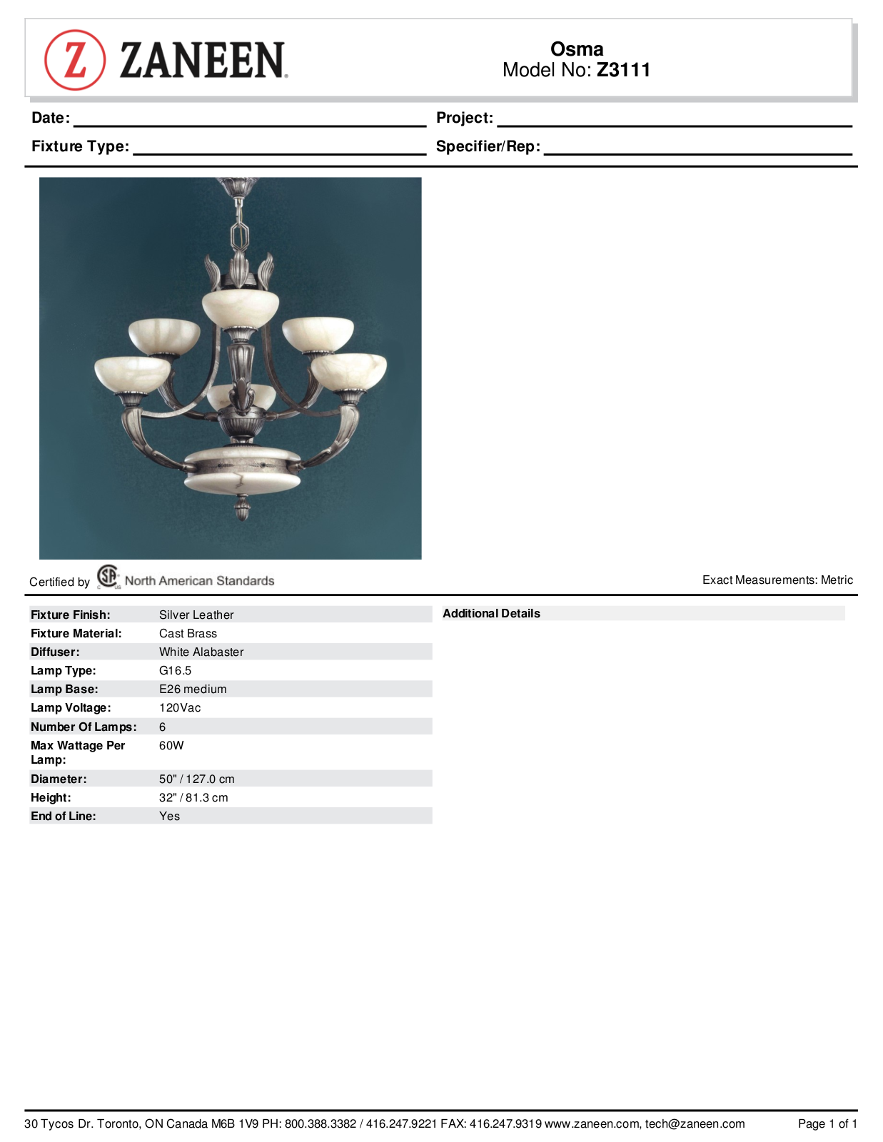 Zanin Lighting Inc. ZN1633 Specifications - ManualMachine.com