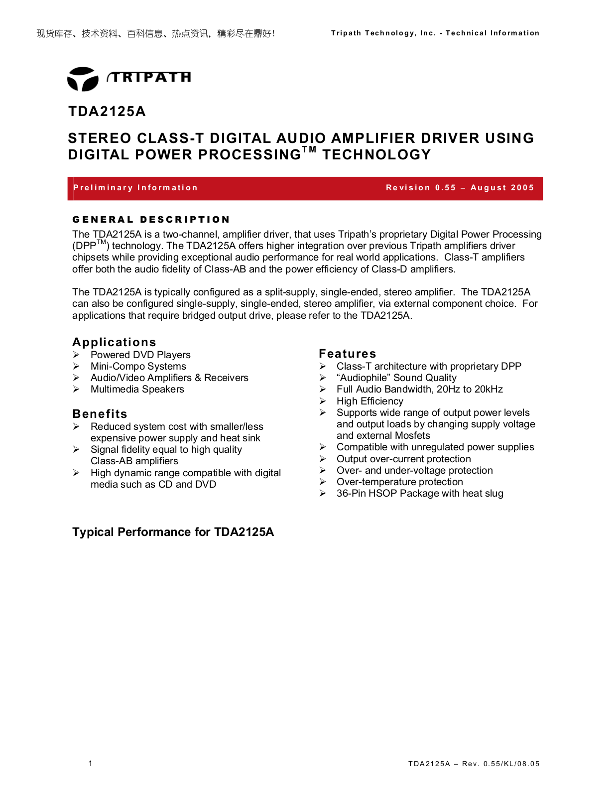 TRIPATH TDA2125A Technical data