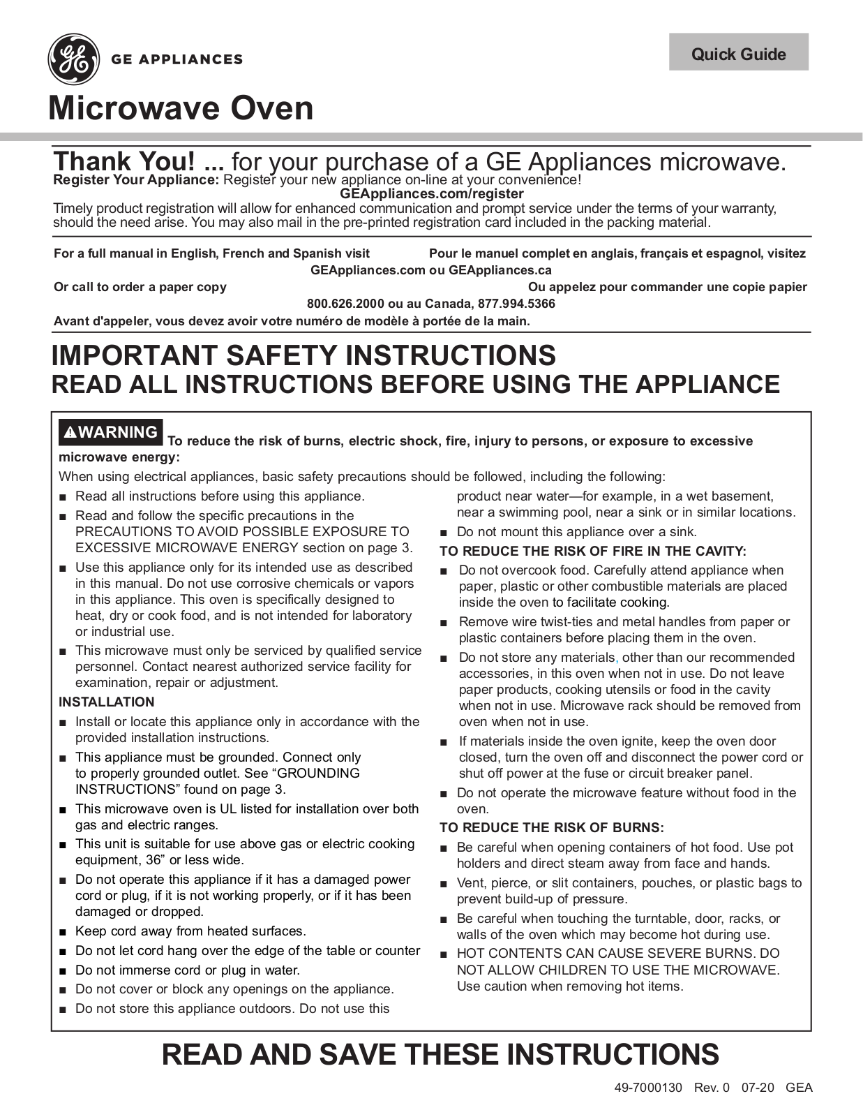 GE Microwave Oven Quick Reference Guide