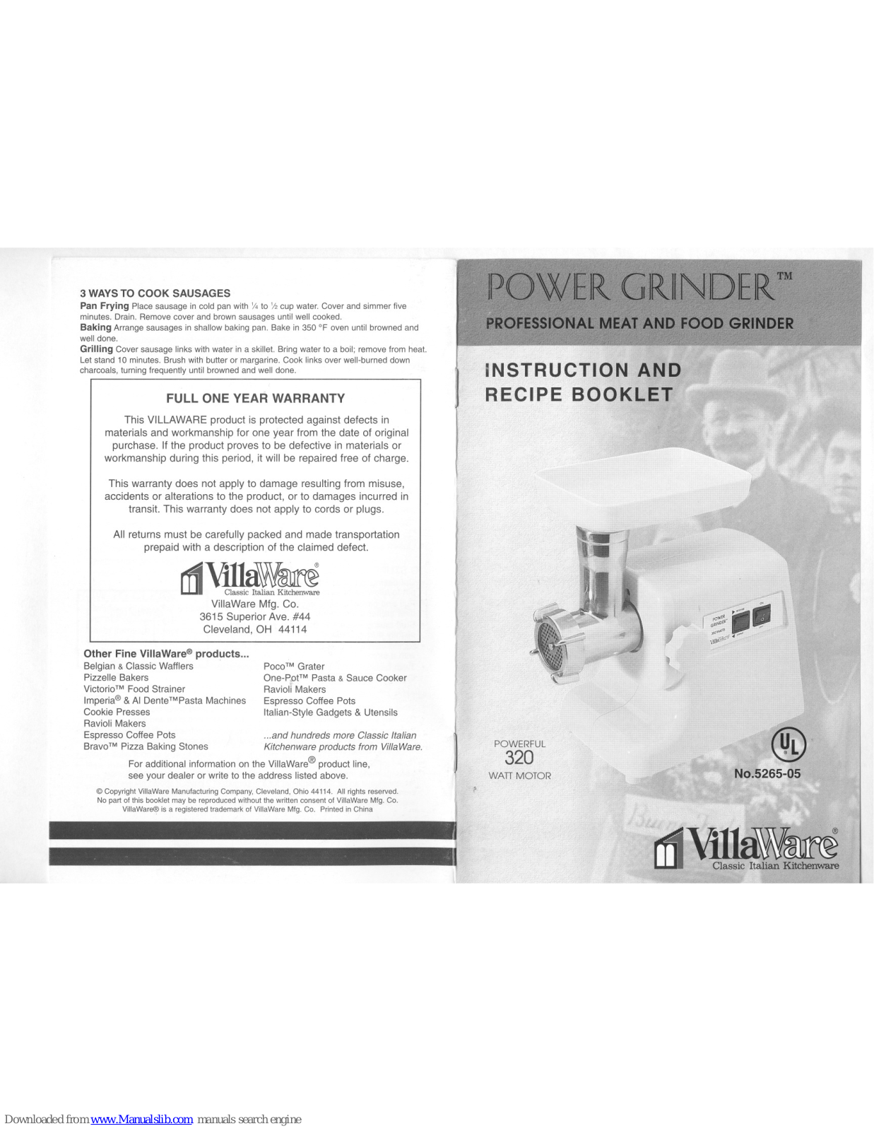 Villaware V5265-05, Power Grinder 5265-05 Instruction Manual