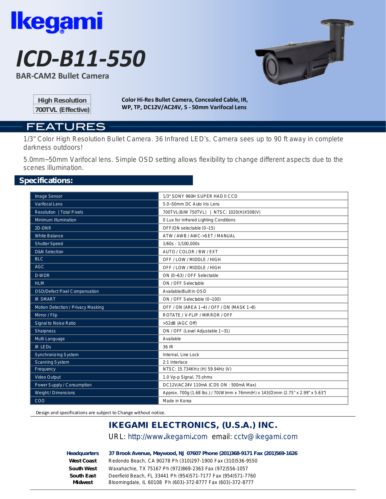 Ikegami ICD-B11-550 Specsheet