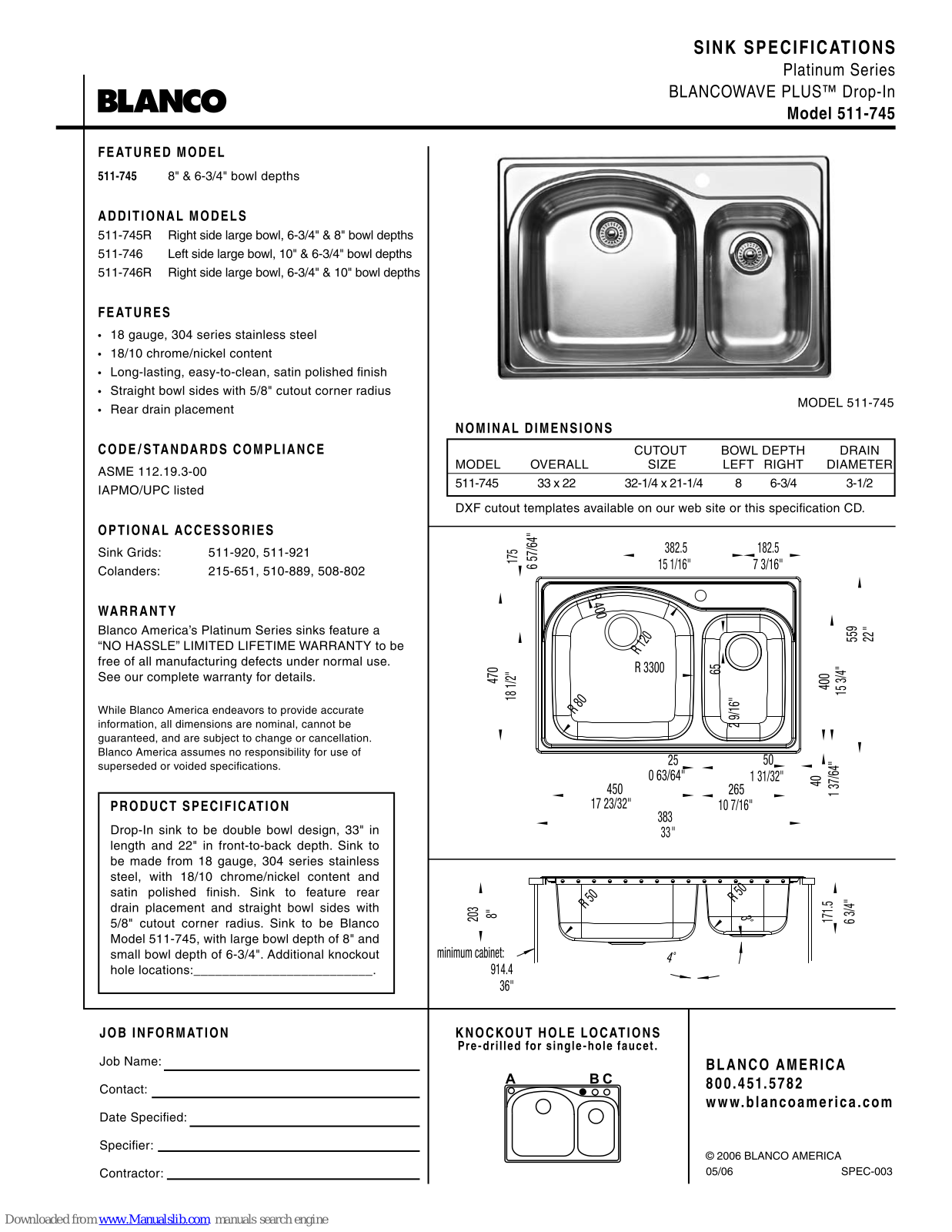 Blanco 511-745R, 511-746, 511-746R Specification Sheet - ManualMachine.com