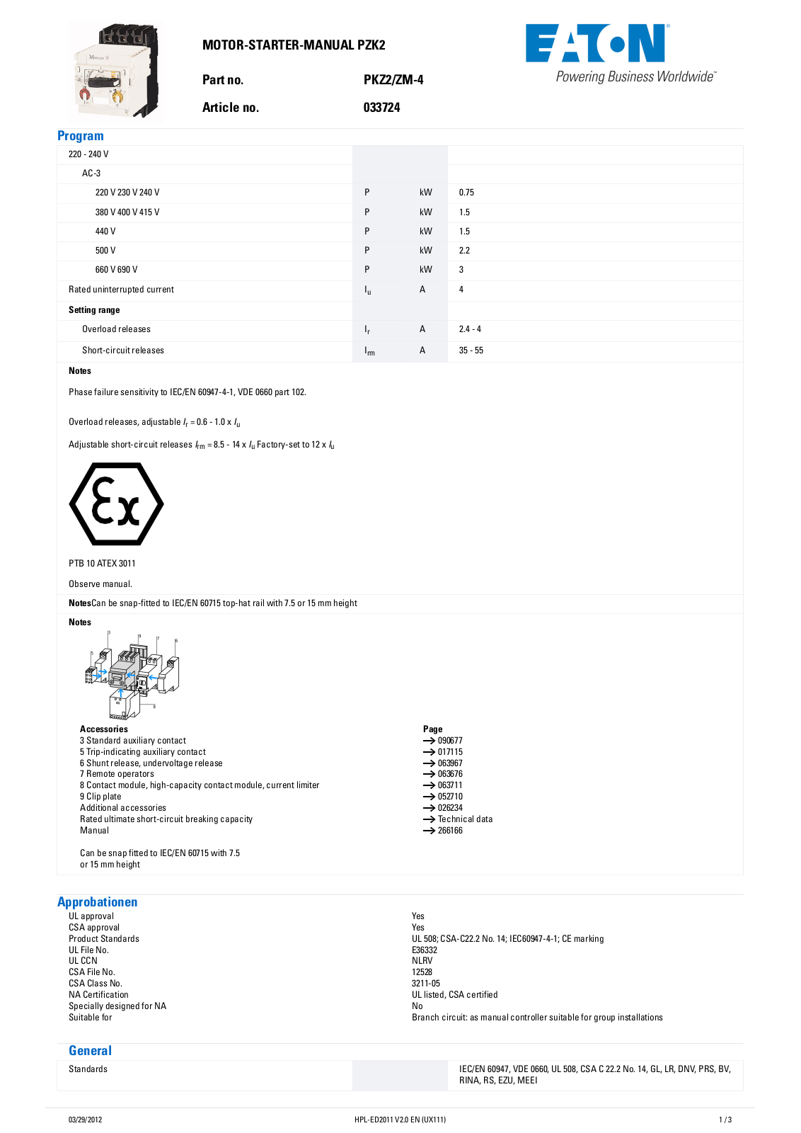 Cutler Hammer, Div of Eaton Corp PKZ2/ZM-4 Data Sheet