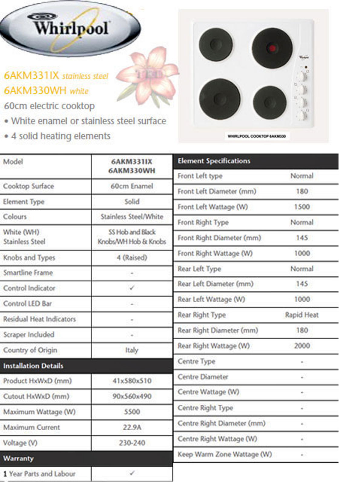 Whirlpool 6AKM330W Specifications Sheet