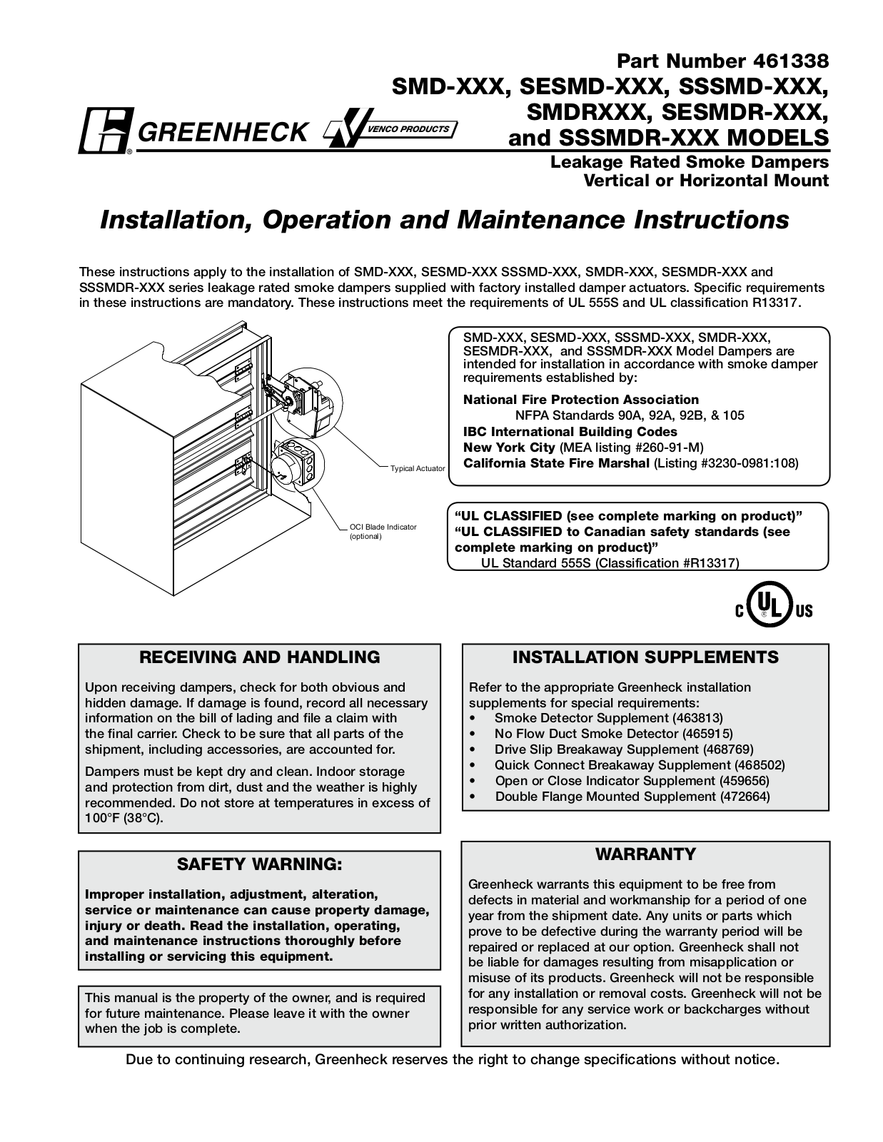 Greenheck SESMD-xxx Installation  Manual