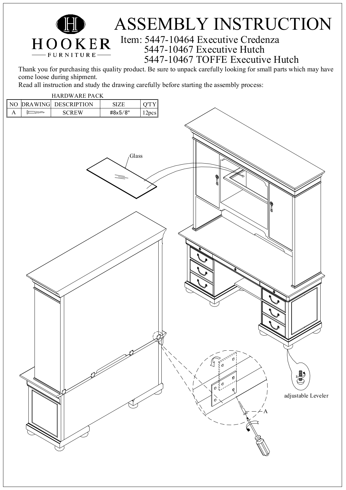 Hooker Furniture 544710464, 544710464CRD Assembly Guide