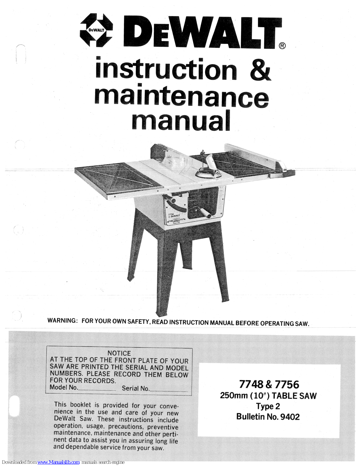 DeWalt 7748, 7756 Instruction & Maintenance Manual