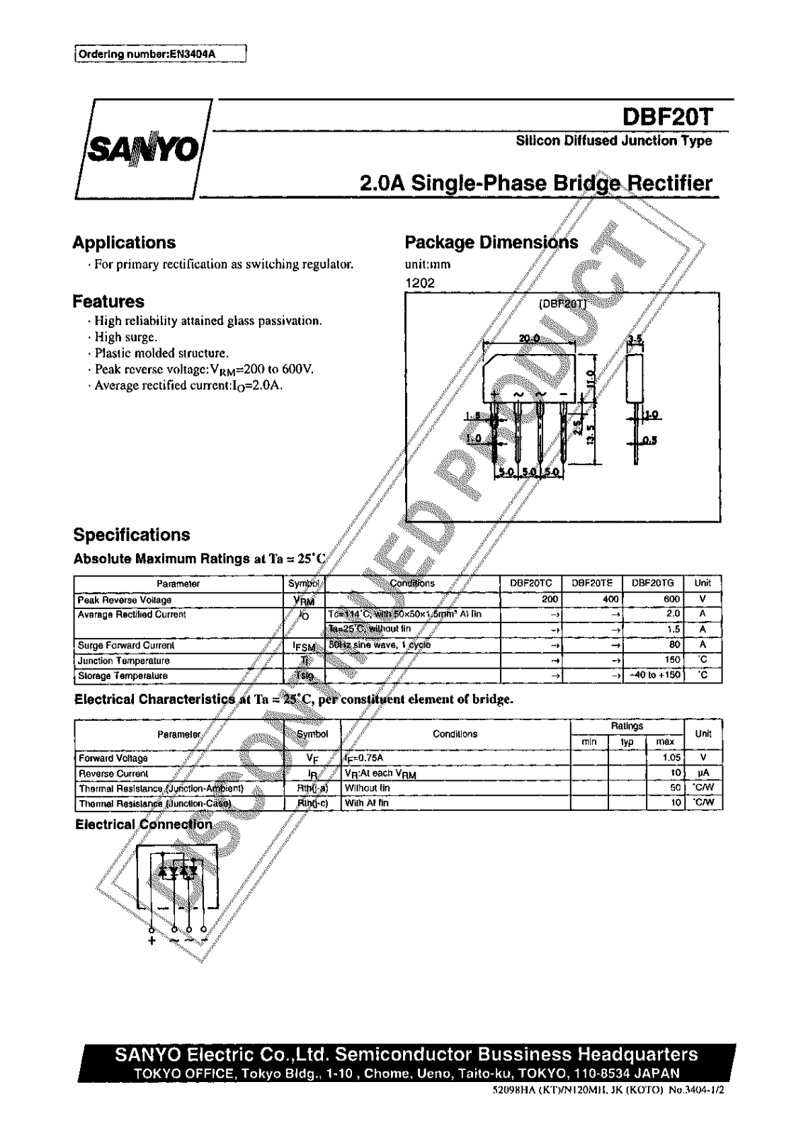 Sanyo DBF20T Specifications