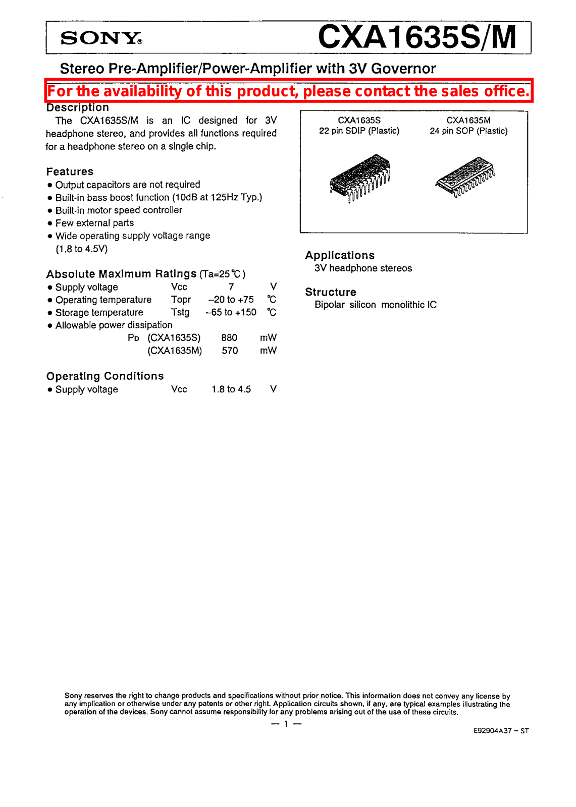 Sony CXA1635S, CXA1635M Datasheet