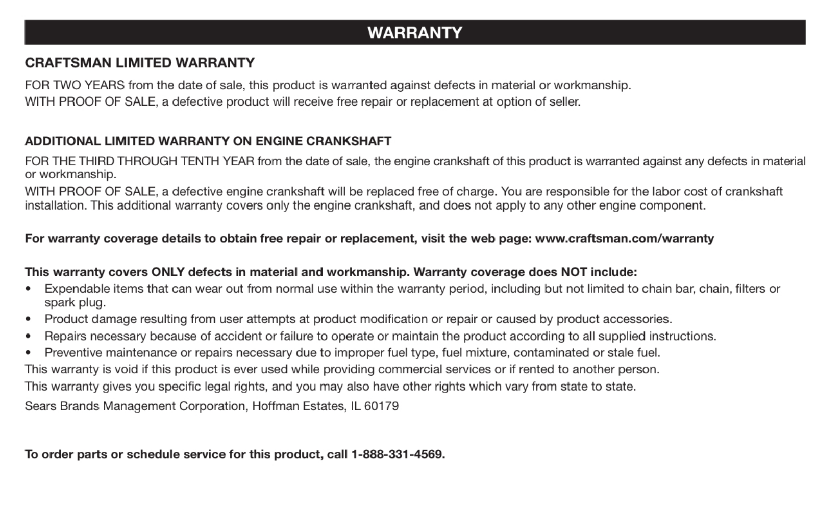 Craftsman 18 46cc Gas Chainsaw Manufacturer's Warranty