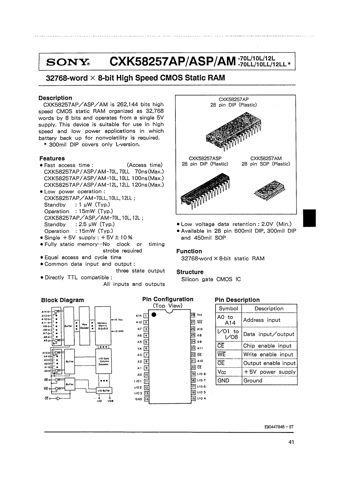 Sony CXK58257ASP-70LL, CXK58257ASP-70L, CXK58257ASP-12LL, CXK58257ASP-12L, CXK58257ASP-10LL Datasheet