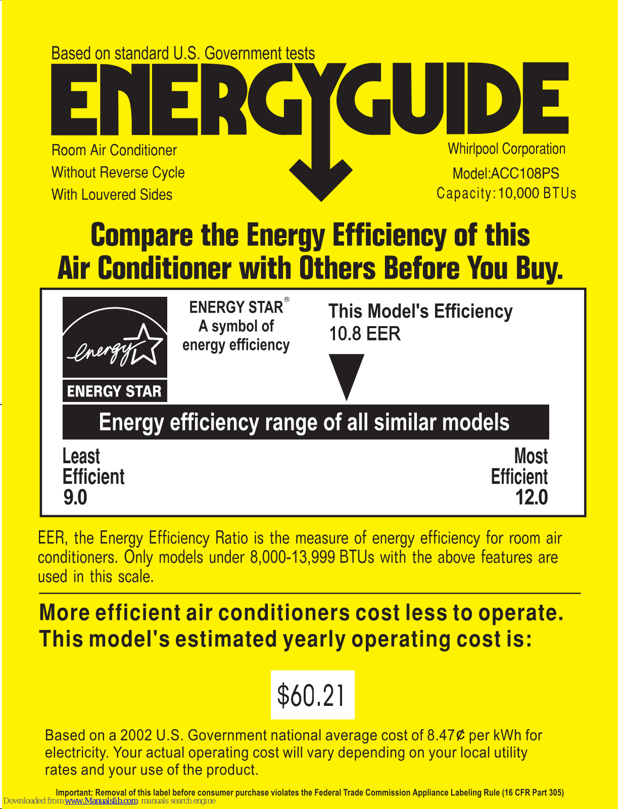 Whirlpool 63851336, 6akp603, FGP210, ACC108PS Energy Manual