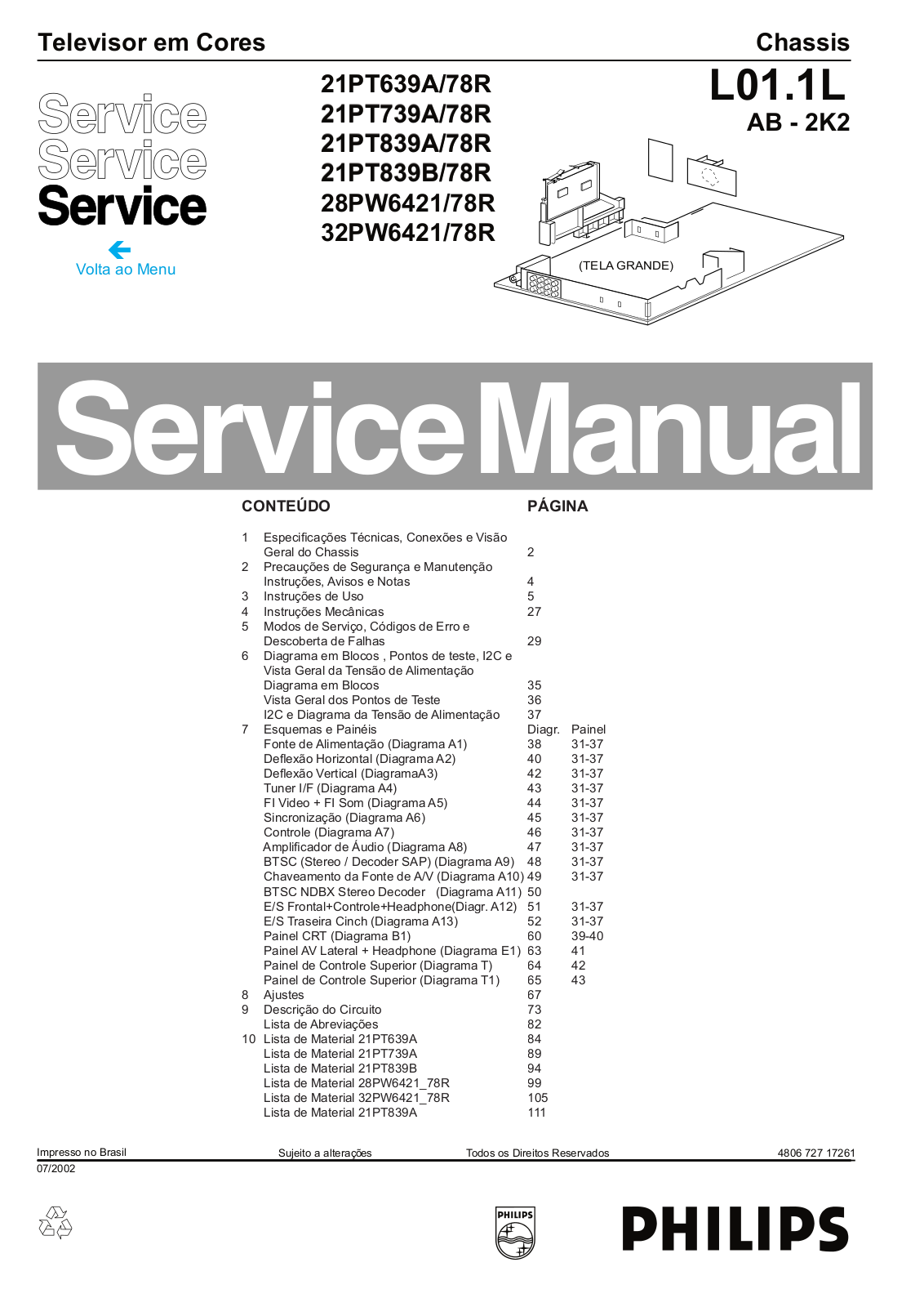 PHILIPS 21PT639A-78R, 21PT739A-78R, 21PT839A-78R, 21PT839B-78R, 28PW6421-78R Service Manual