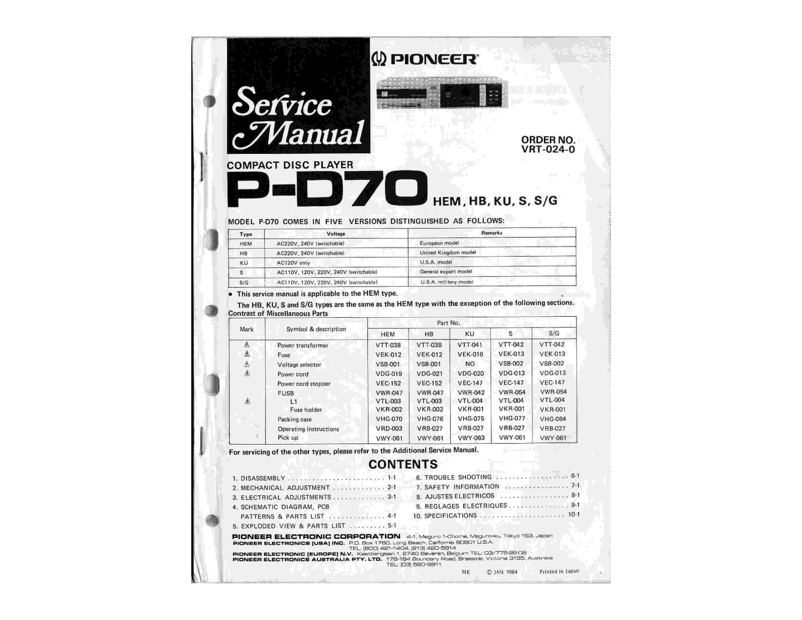 Pioneer PD-70 Service Manual