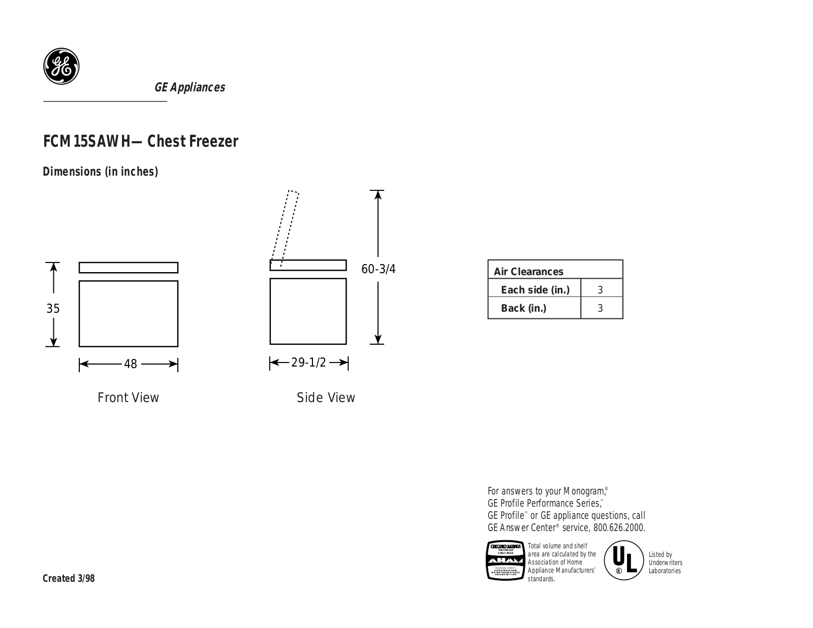 GE FCM15SAWH Specification